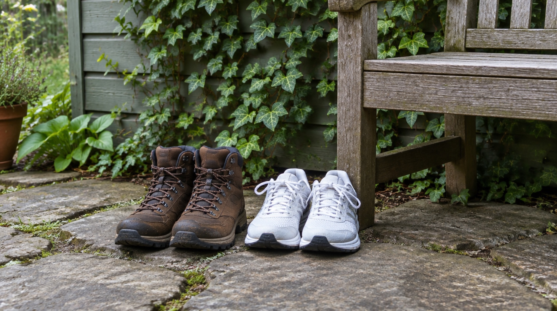 Twee paar schoenen naast elkaar op een stenen stoep: stevige leren wandelschoenen en lichte witte sportschoenen, naast een houten tuinbank