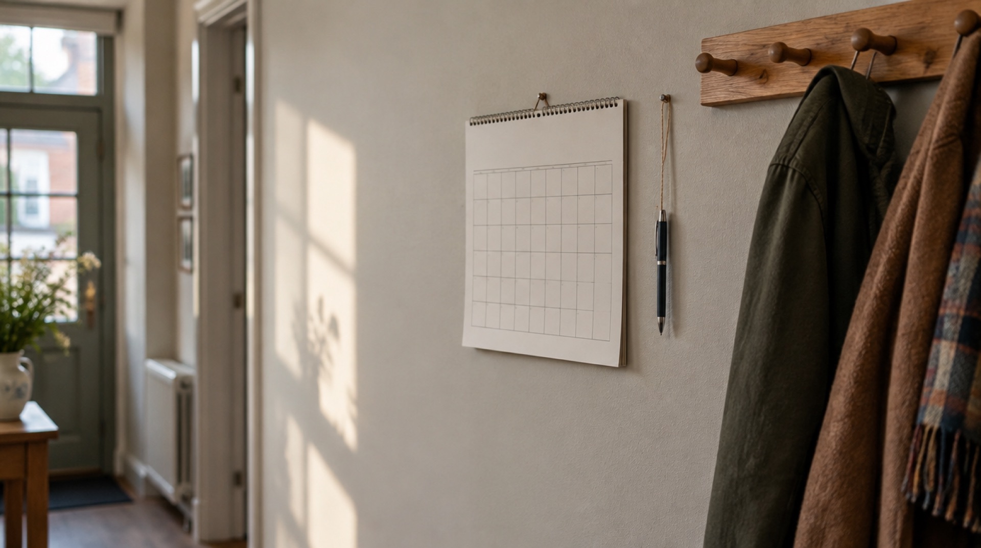 Papieren wandkalender met een pen aan een touwtje naast jassen aan houten haken in een hal met ochtendlicht