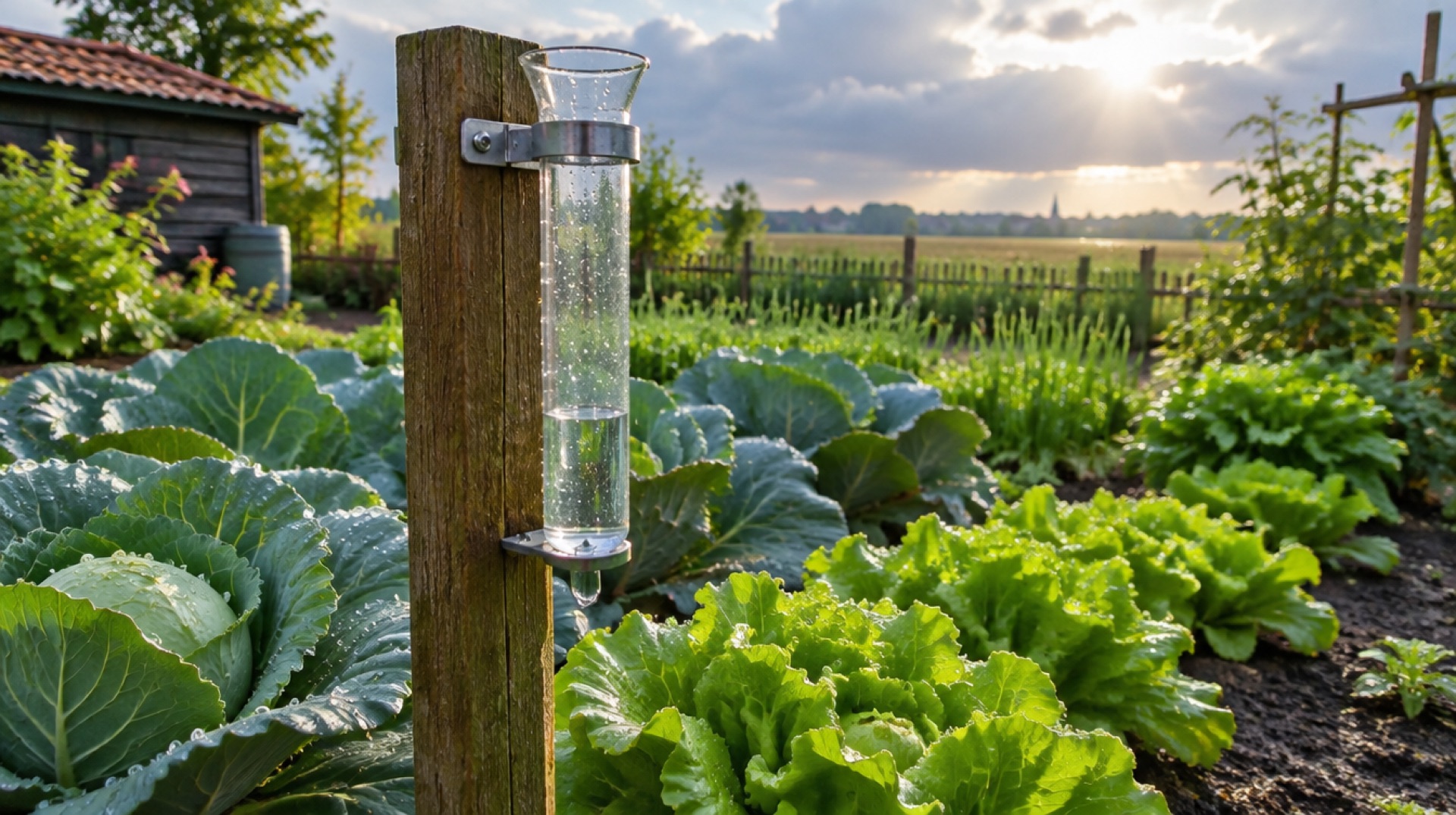 Glazen regenmeter op een houten paal in een moestuin met druppels op de bladeren na een regenbui