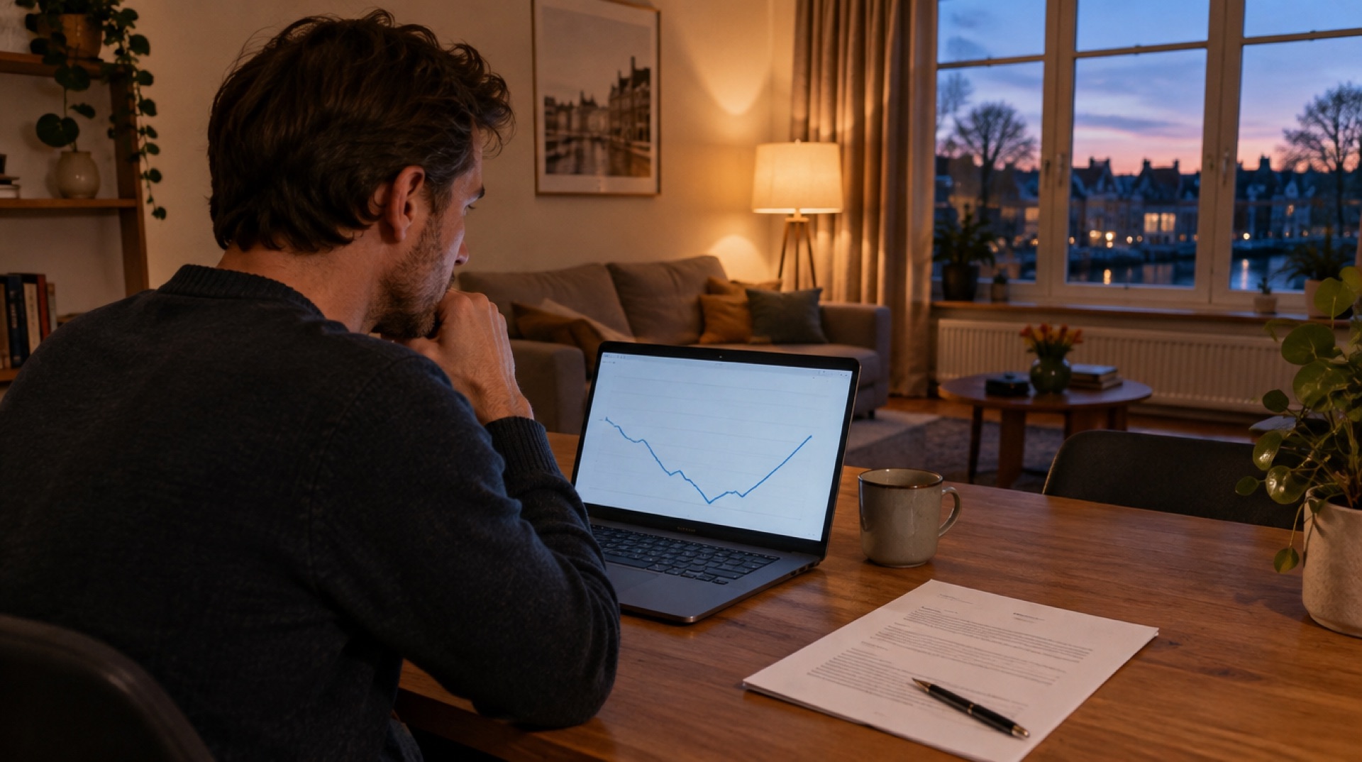 Man aan een tafel in de avond met een laptop met een prijslijn die eerst daalt en dan stijgt, en een contractaanbod ernaast