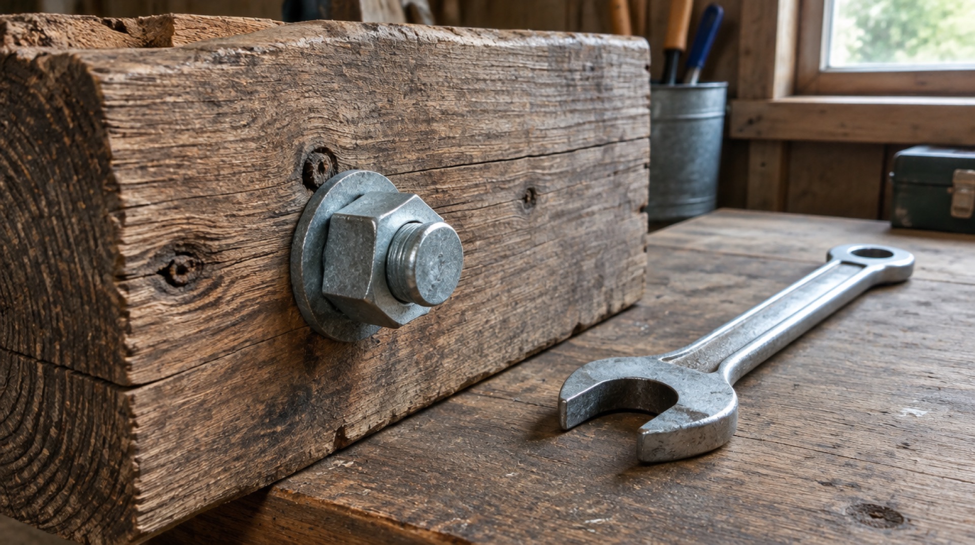 Verzinkte bout met moer stevig vastgedraaid door een houten balk, steeksleutel ernaast