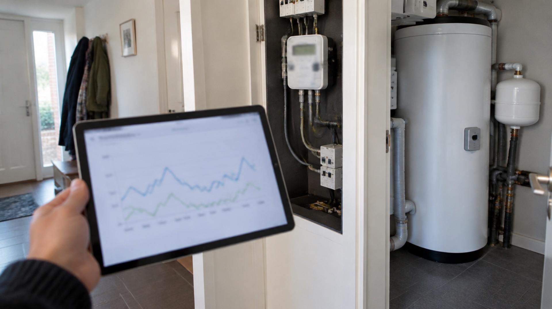 Hand houdt een tablet met een lijngrafiek van het stroomverbruik in een gang, naast een meterkast met slimme meter en een wit warmwatervat