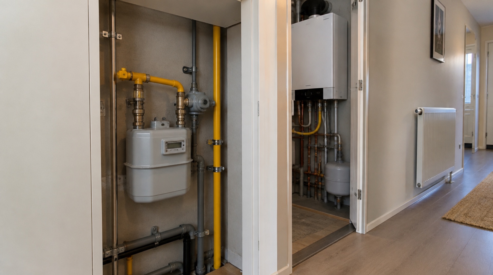 Gasmeter en gasleidingen in de meterkast, met een cv-ketel en een radiator