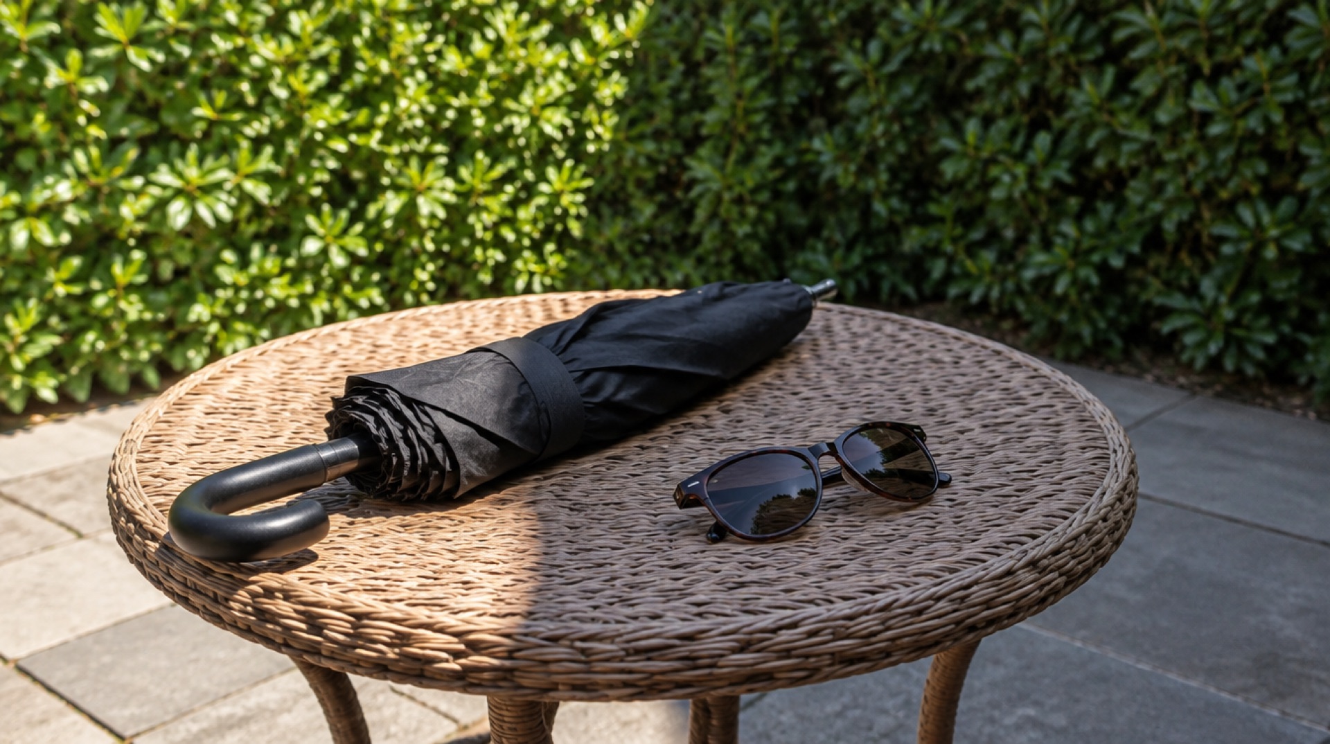 Opgevouwen zwarte paraplu naast een zonnebril op een rieten tafeltje op een terras, half in zon en half in wolkenschaduw