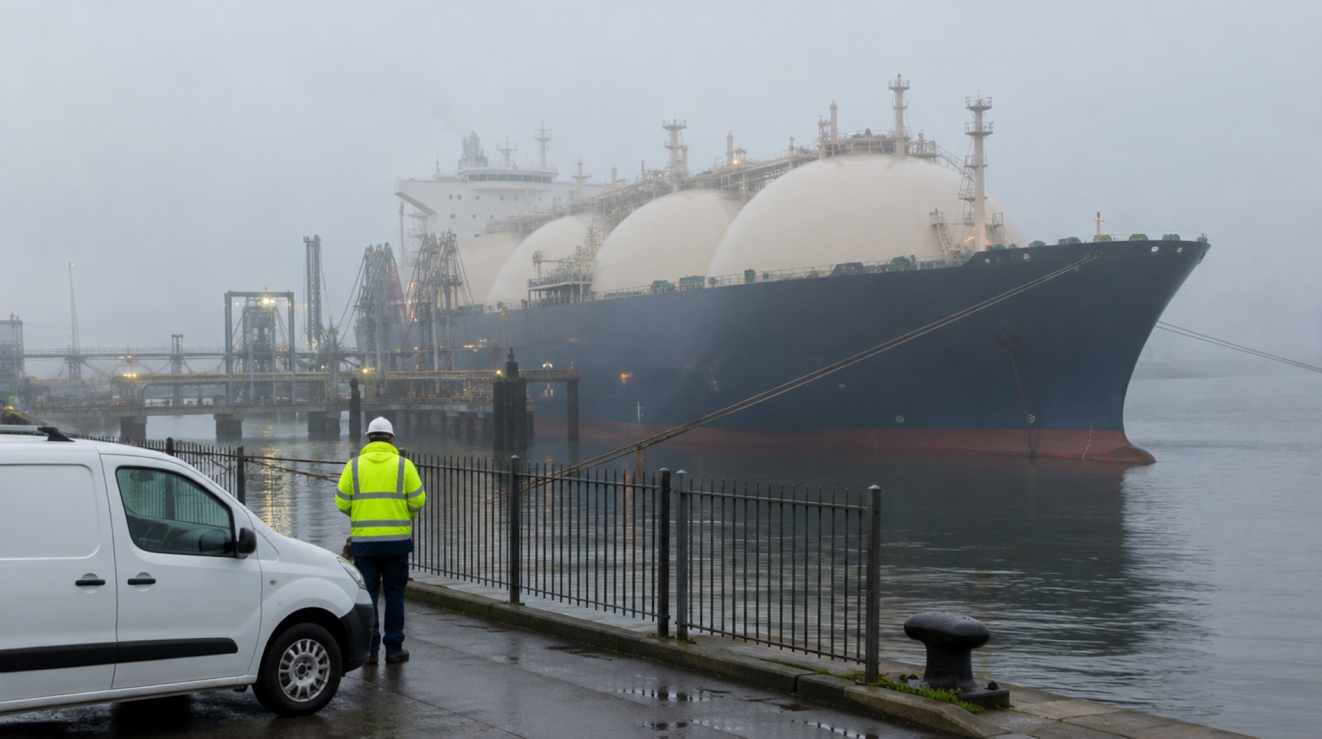 LNG-tanker aan een kade in een Nederlandse haven in de ochtendmist, met op de voorgrond een havenmedewerker bij een hek