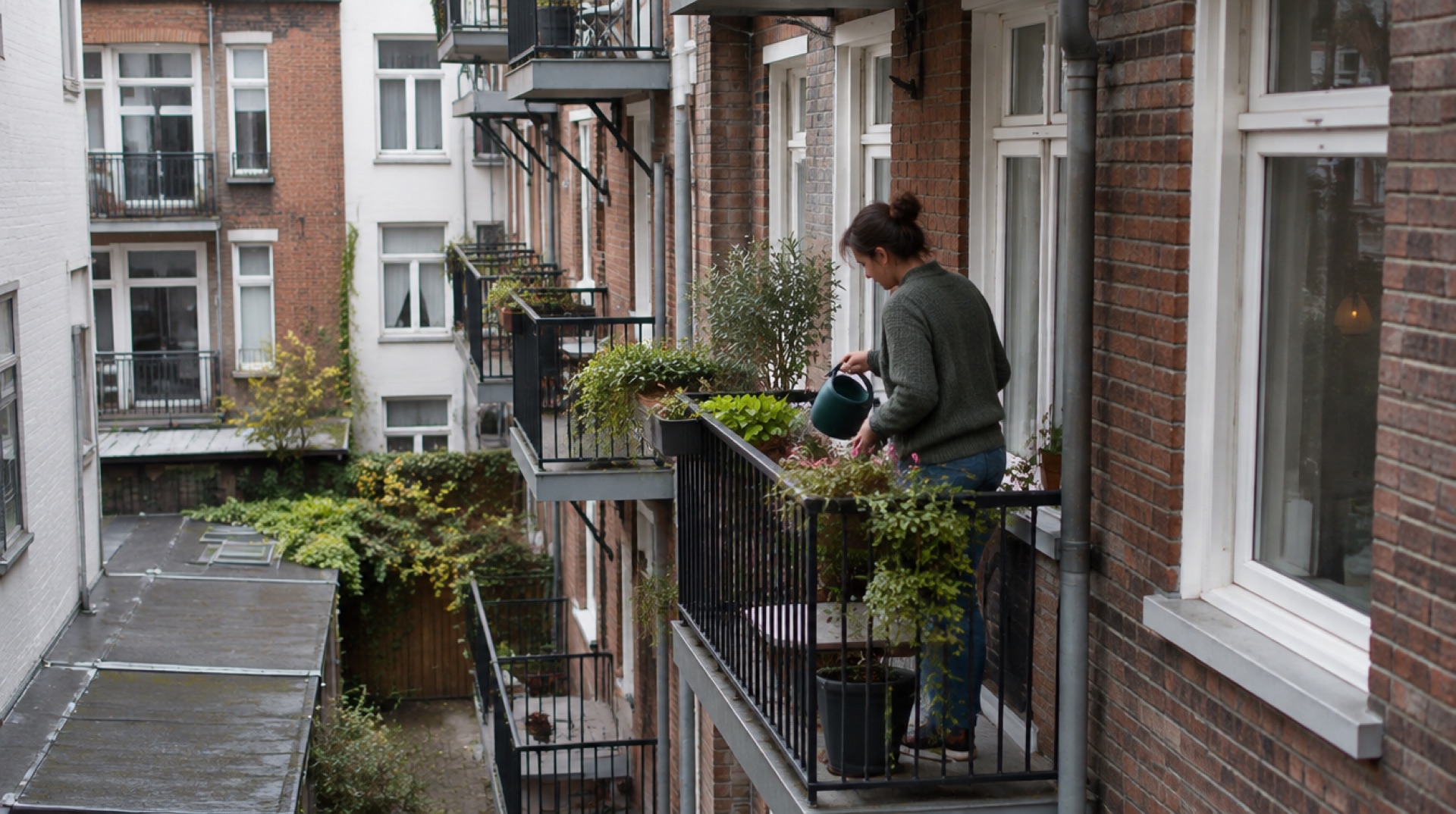 Achterkant van een Amsterdams appartementengebouw met smalle balkons waarop een bewoner planten water geeft, op een bewolkte dag