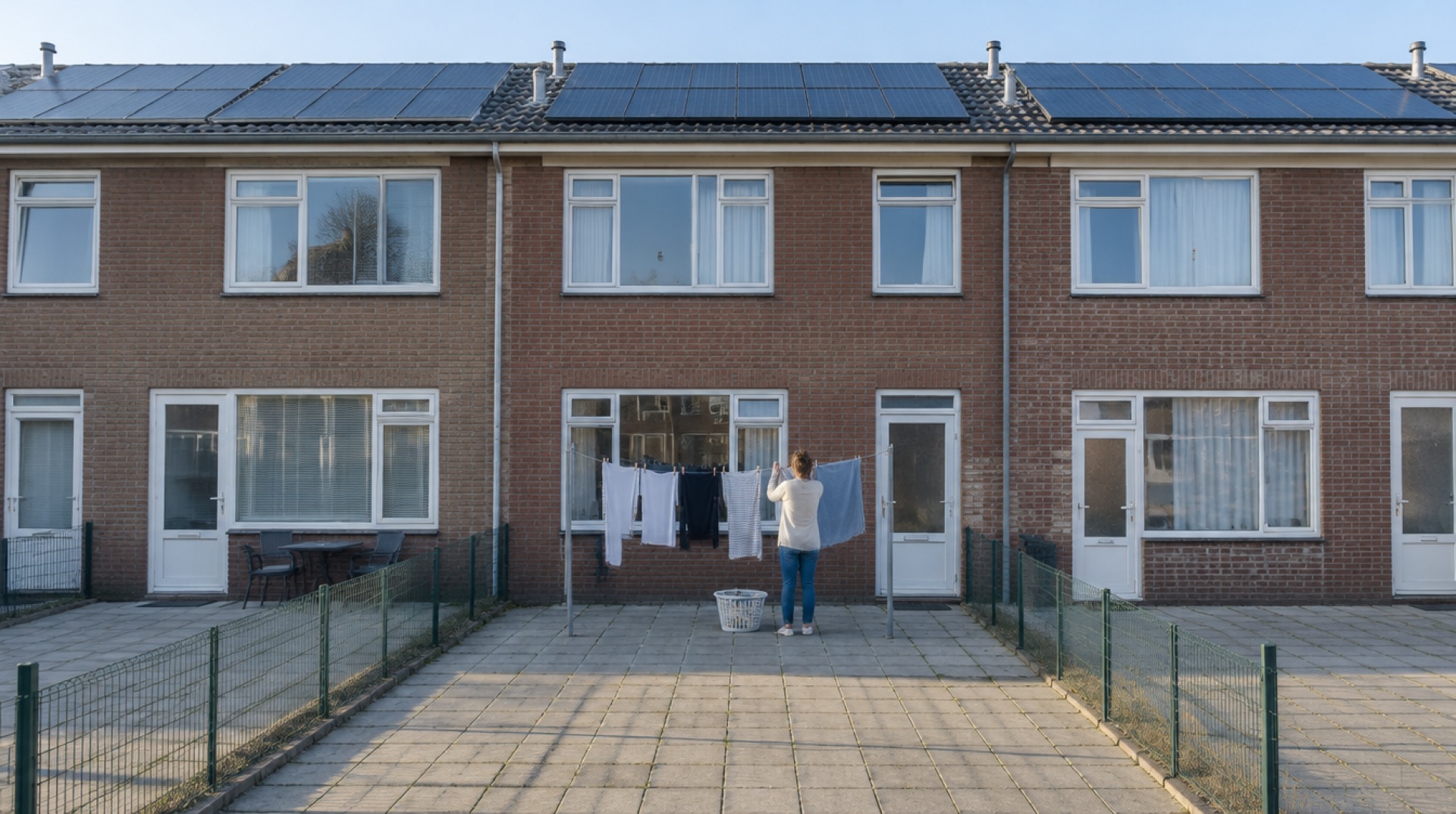Een vrouw hangt van achteren gezien de was aan een waslijn voor een rij rijtjeshuizen met zonnepanelen op de daken.