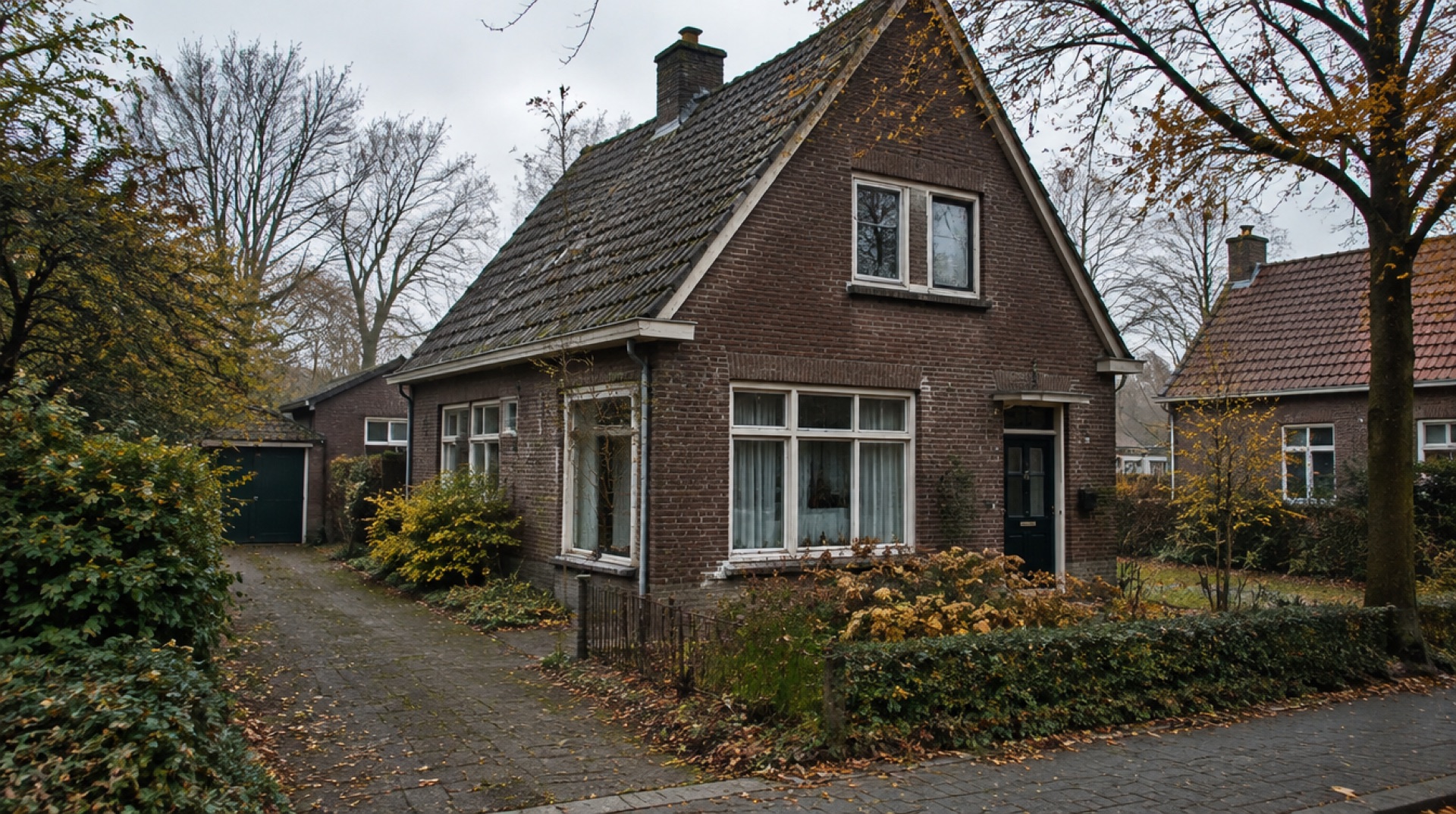 Oudere vrijstaande bakstenen woning met een pannendak in de herfst, op een grijze dag