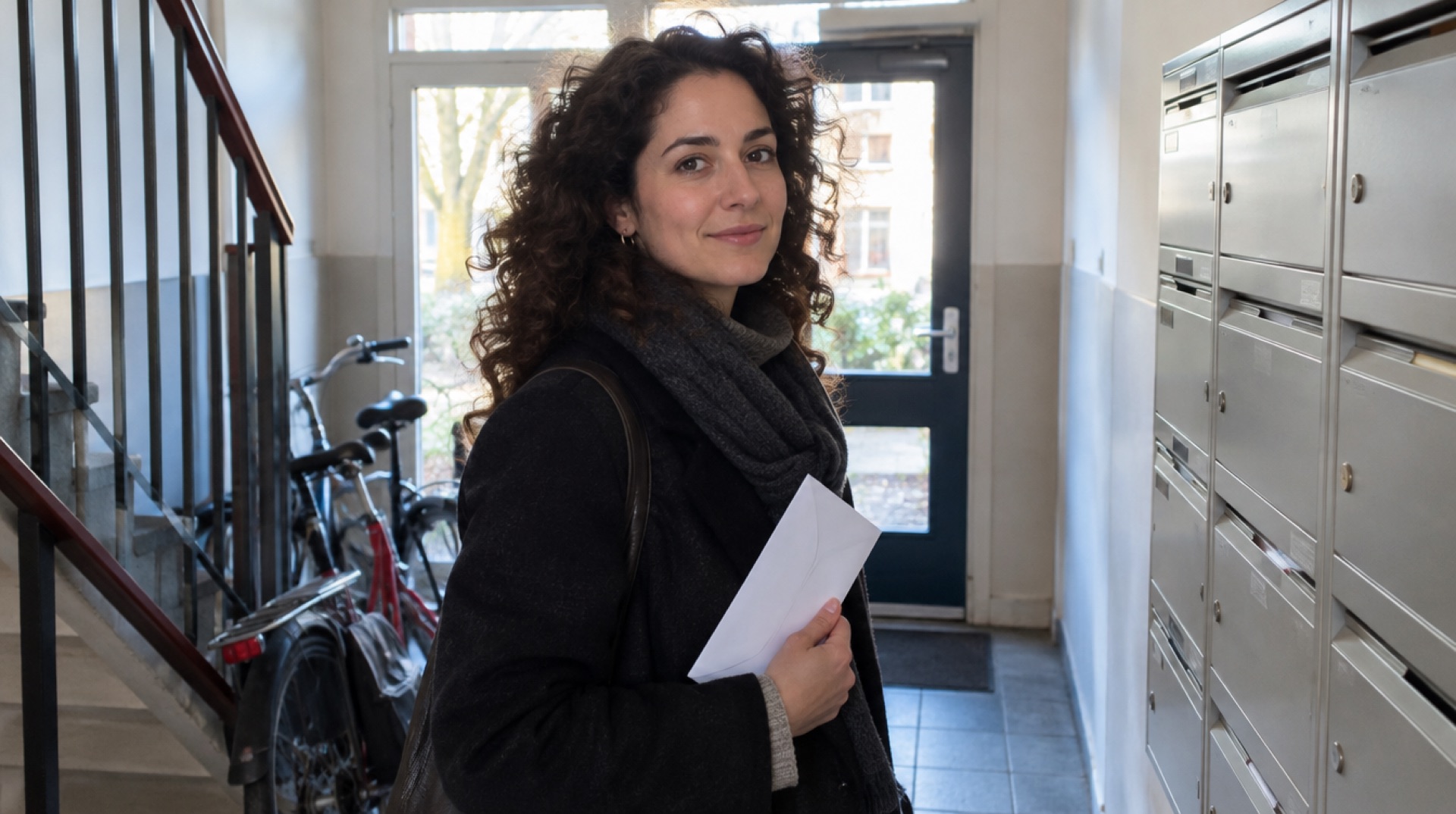 Vrouw staat in een portiek bij een rij brievenbussen en houdt een dichte envelop vast, met fietsen en een trapleuning op de achtergrond en ochtendlicht door de deur
