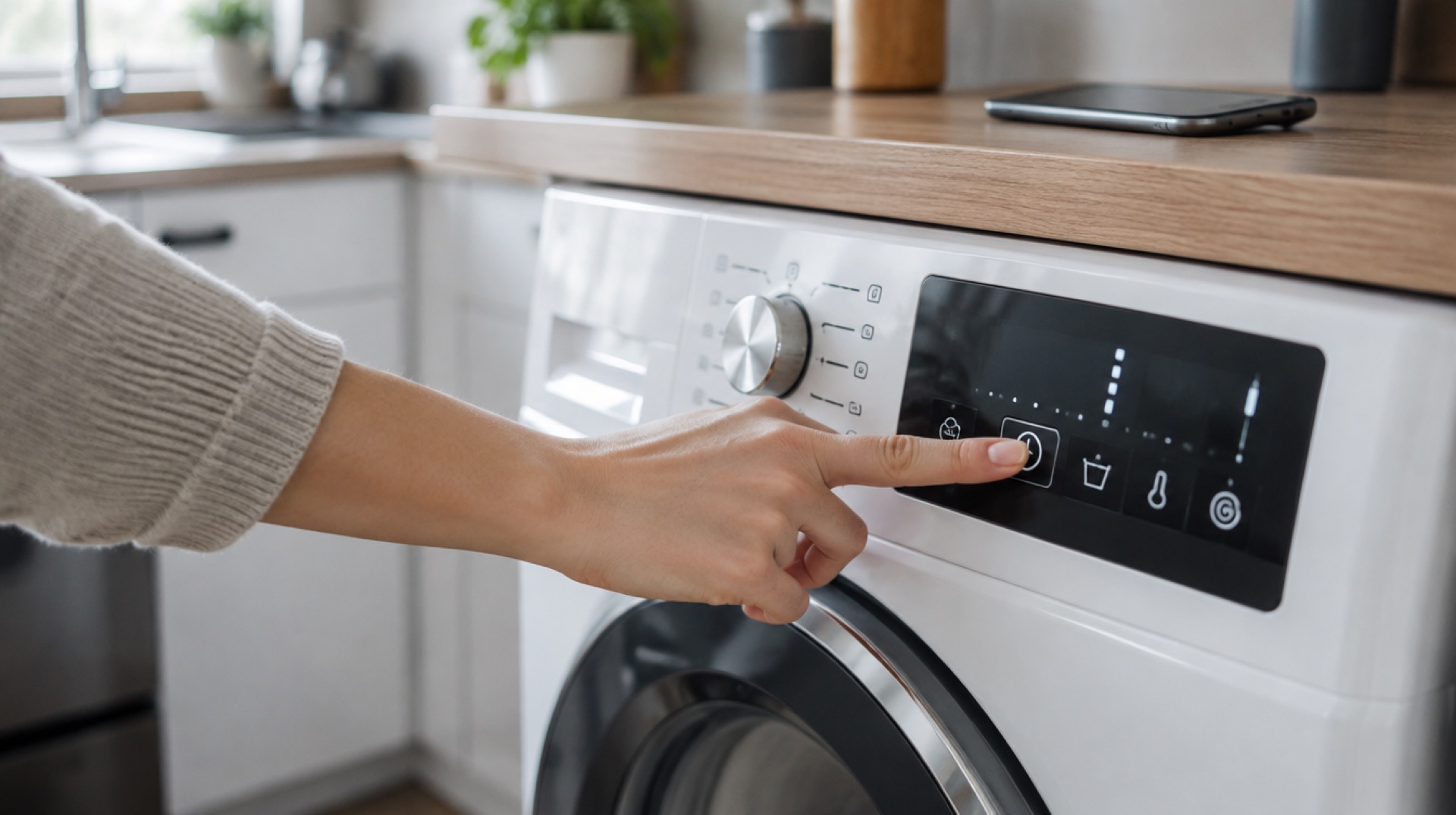 Hand drukt op de knop voor uitgestelde start van een wasmachine in de keuken