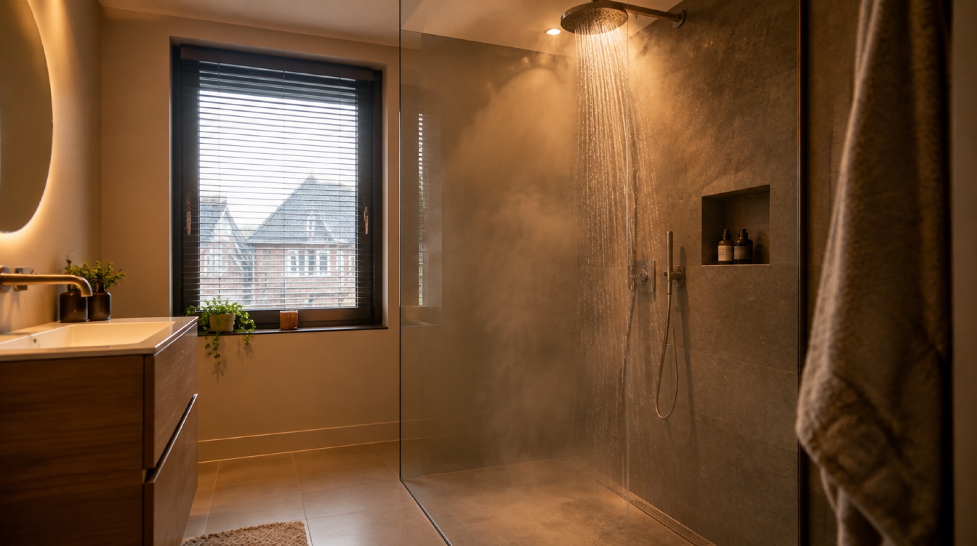 Moderne badkamer met een regendouche achter een glazen wand, waaruit warm water stroomt en damp opstijgt