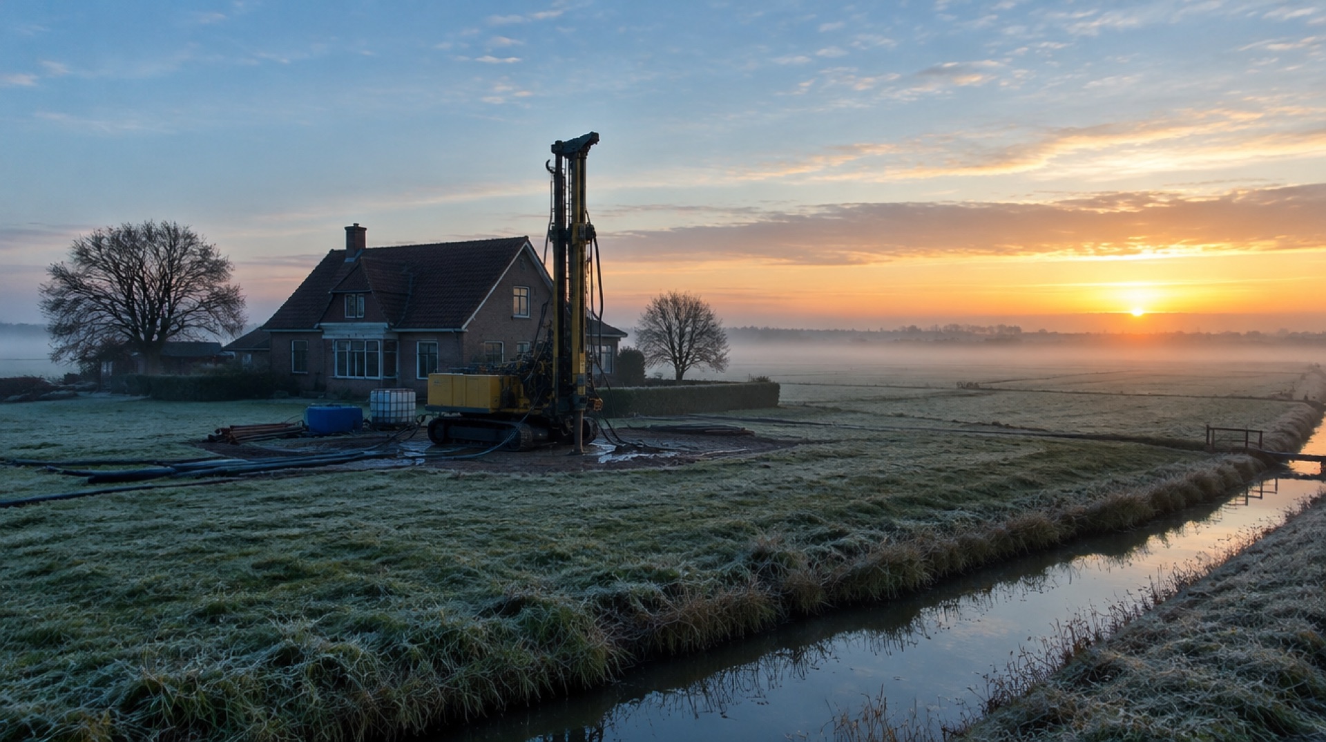 Boorinstallatie bij een boerderij in de Hollandse polder bij zonsopgang en mist