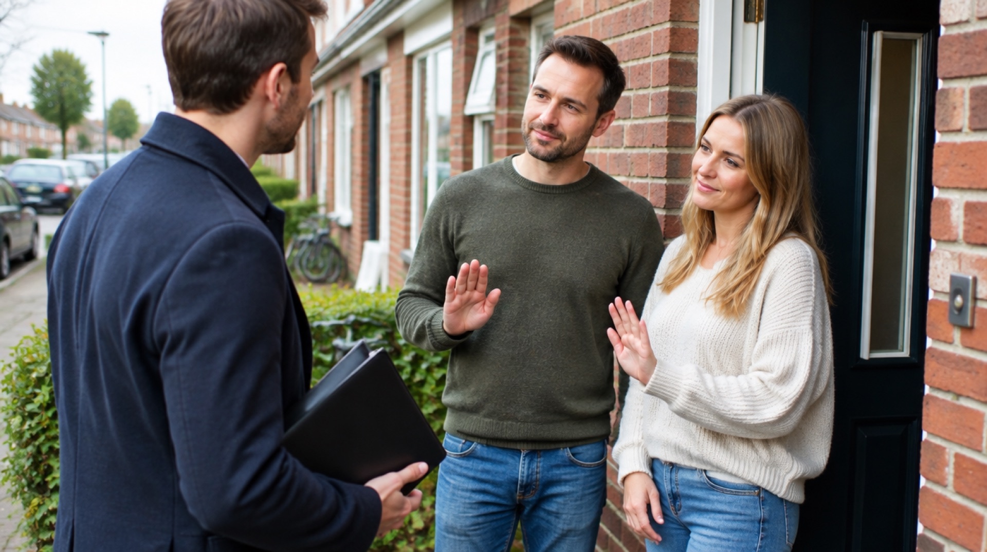 Man en vrouw steken bij hun voordeur afwerend de hand op naar een verkoper met een map in een straat met rijtjeshuizen