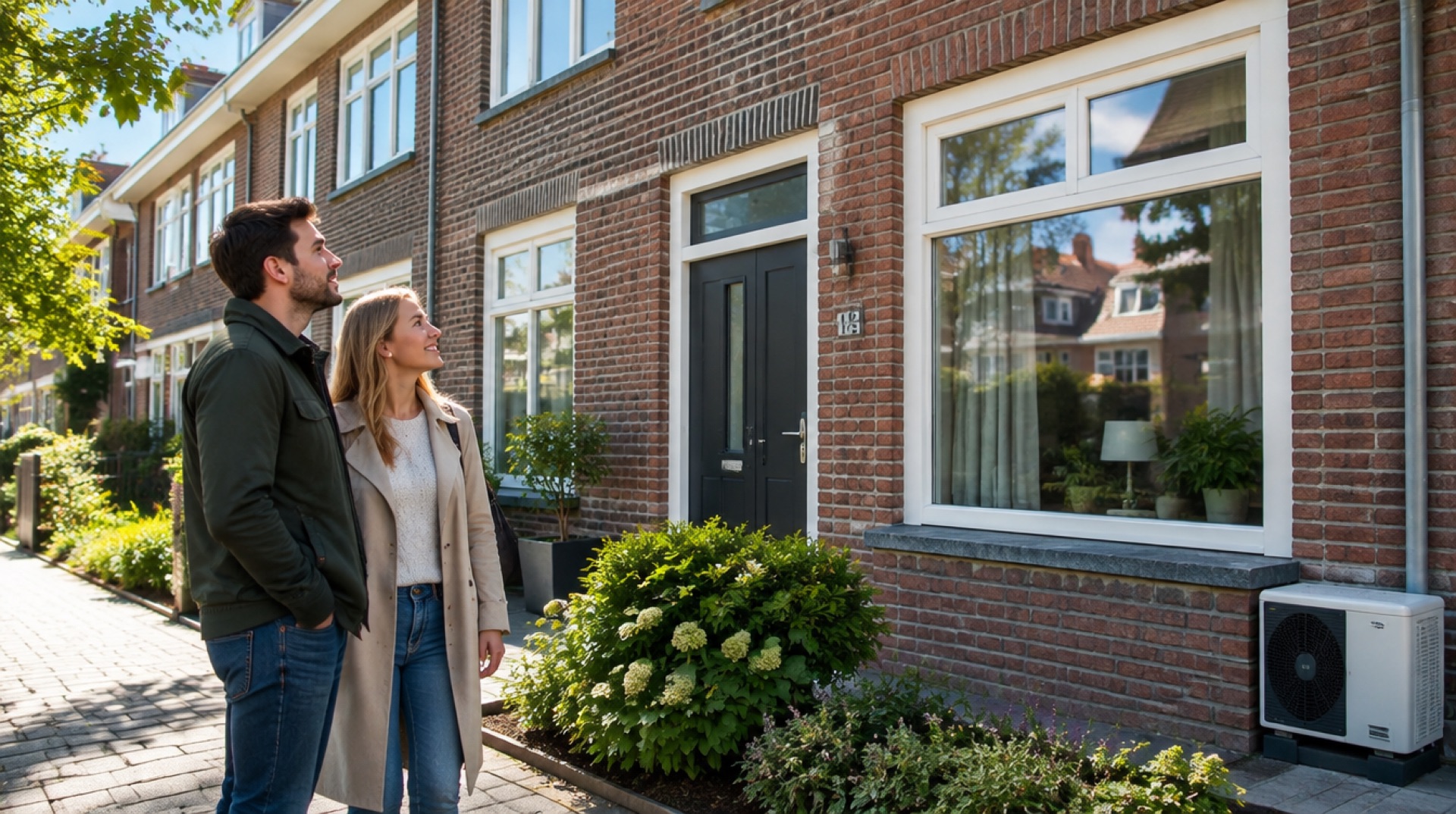 Jong stel kijkt naar hun gerenoveerde rijtjeshuis met een warmtepomp aan de gevel