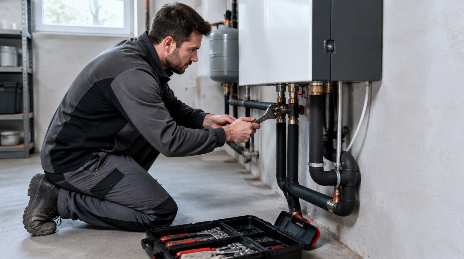 Installateur knielt met een steeksleutel bij een binnenunit van een warmtepomp