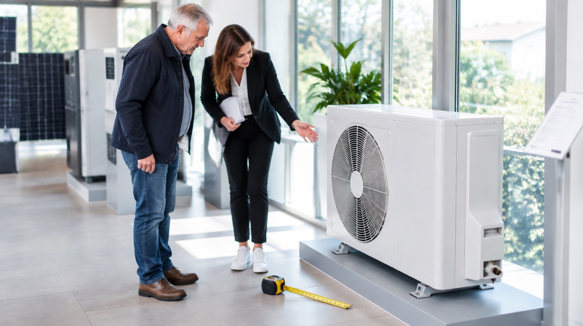 Man en verkoopster bekijken een witte warmtepomp op een stand in een showroom
