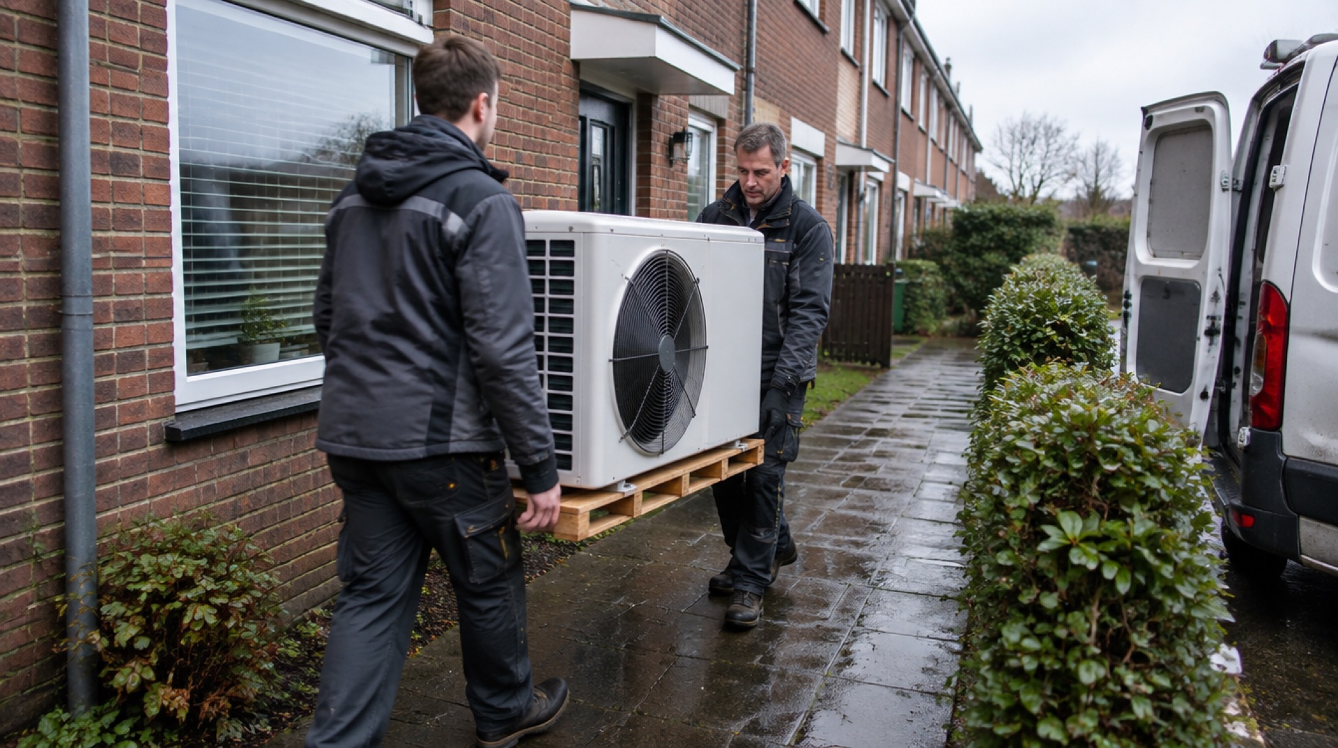 Twee mannen dragen een witte warmtepomp buitenunit op een pallet langs een bakstenen rijtjeshuis