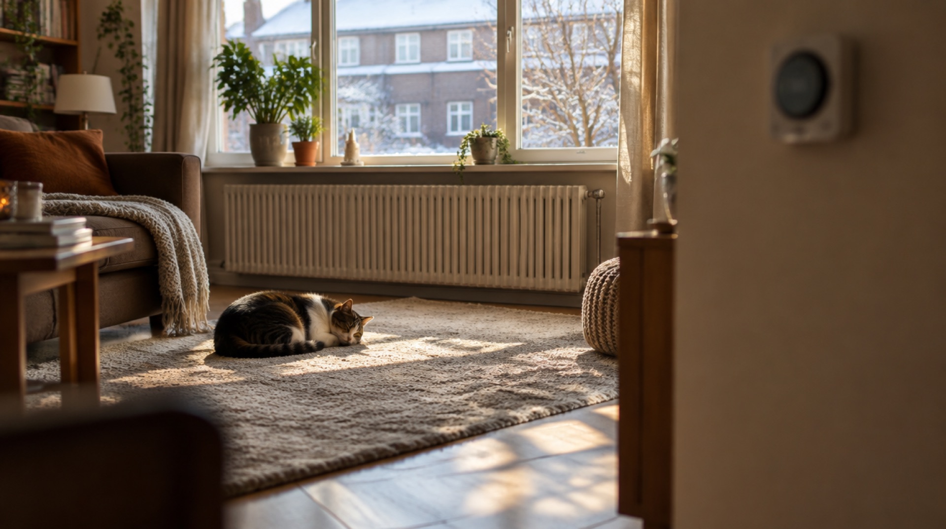 Slapende kat op een tapijt in zonlicht in een warme woonkamer met radiator
