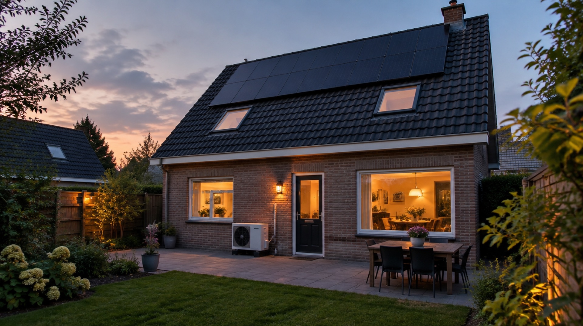 Woning in de avondschemering met zonnepanelen op het dak en een kleine witte warmtepompunit naast de achterdeur, met verlichte ramen