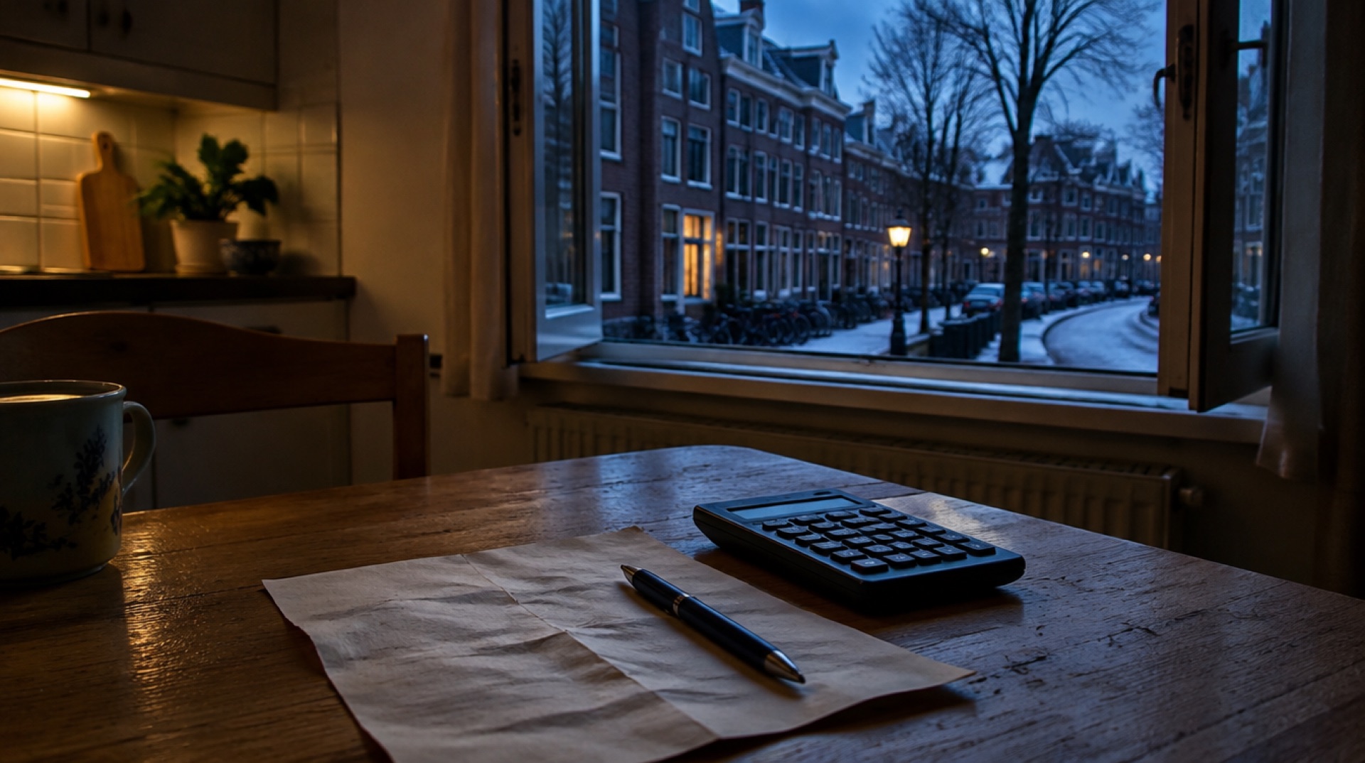 Een stuk papier, een pen en een rekenmachine op een keukentafel, met uitzicht op een besneeuwde straat in de blauwe avondschemering