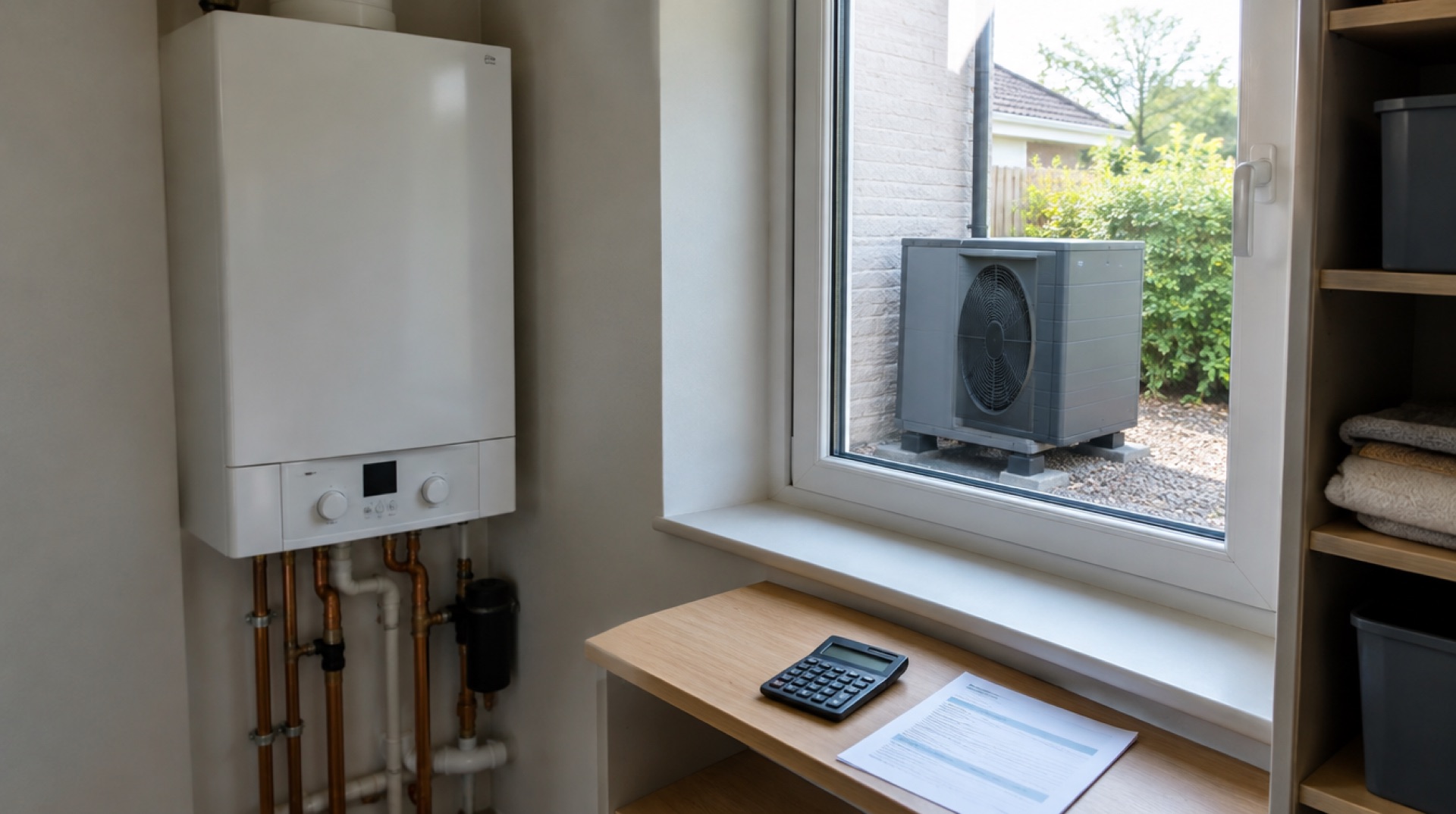 Cv-ketel in de meterkast en door het raam een buitenunit van een warmtepomp