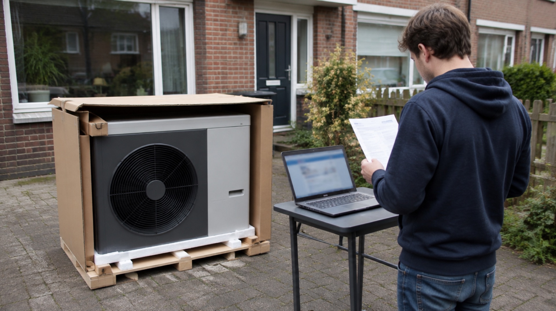 Man leest een uitgeprinte bestelbevestiging bij een in karton verpakte buitenunit van een warmtepomp op de oprit, naast een laptop op een klaptafel
