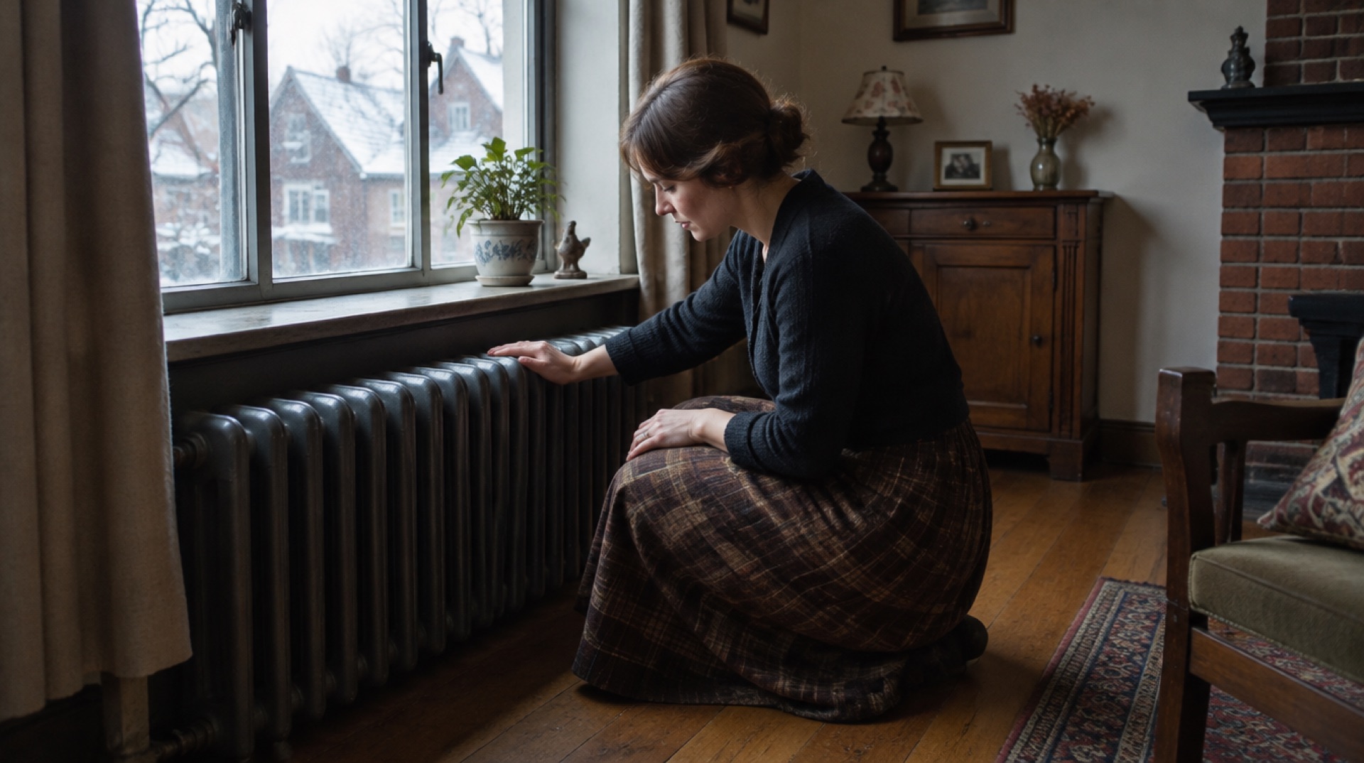 Vrouw voelt aan een oude gietijzeren radiator onder het raam van een jarendertigwoning