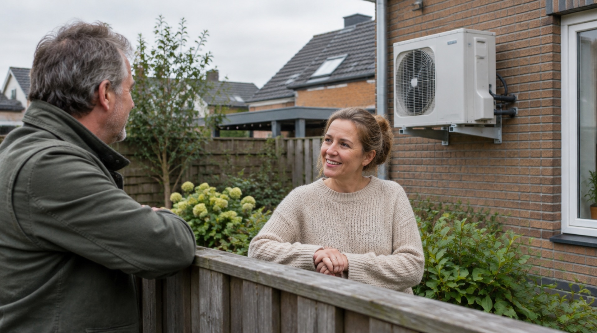 Buren praten over het tuinhek, met een warmtepomp aan de gevel erachter