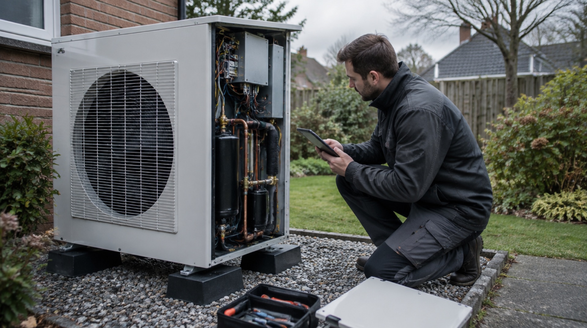 Monteur controleert met een tablet een geopende warmtepomp in de tuin