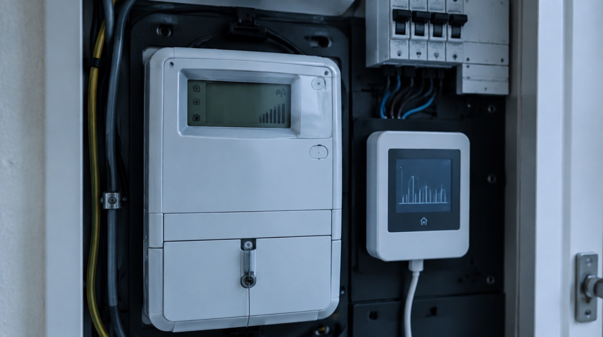 Slimme meter met een energiemonitor ernaast in de meterkast