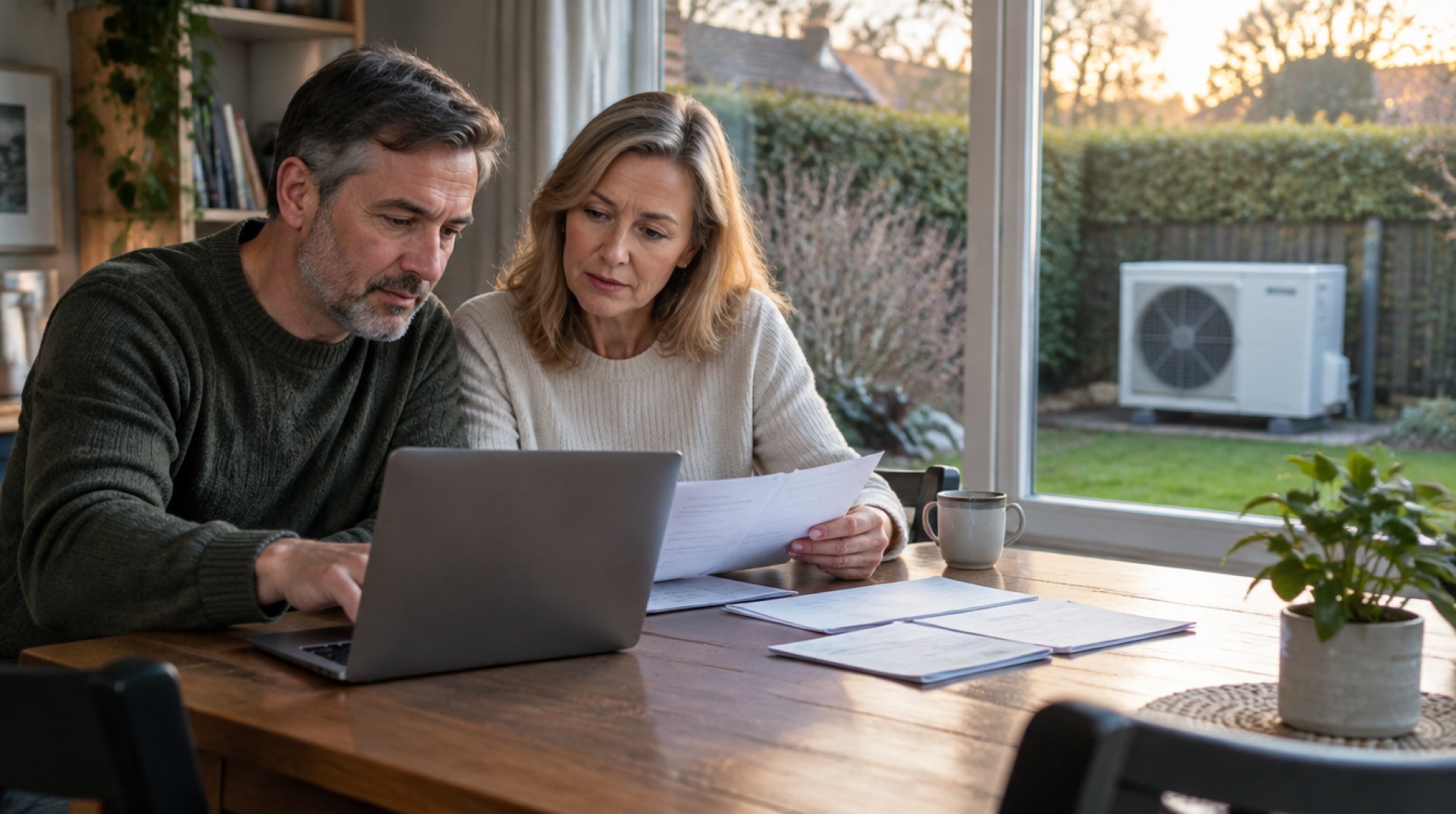 Stel rekent aan tafel met laptop en papieren, buiten staat een warmtepomp in de tuin