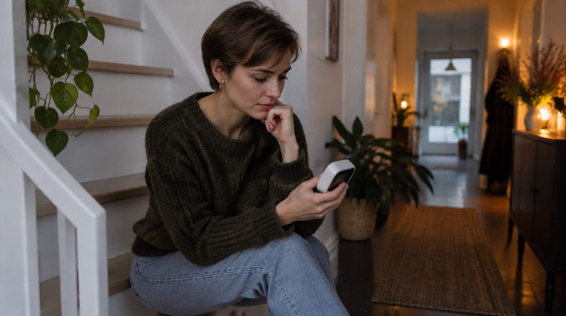 Jonge vrouw zit op de trap en bekijkt een kleine thermostaat in haar hand
