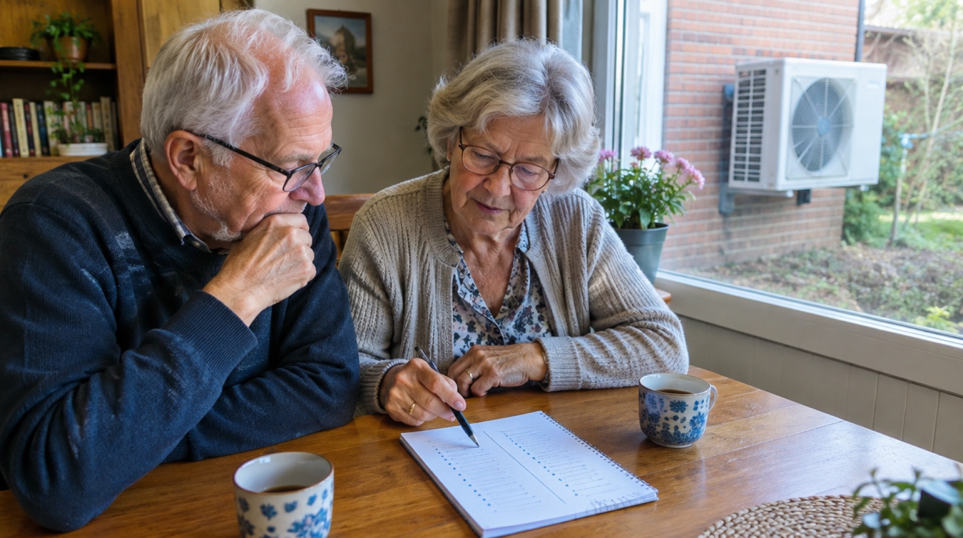 Stel met een lijstje met voor- en nadelen, met een buitenunit door het raam