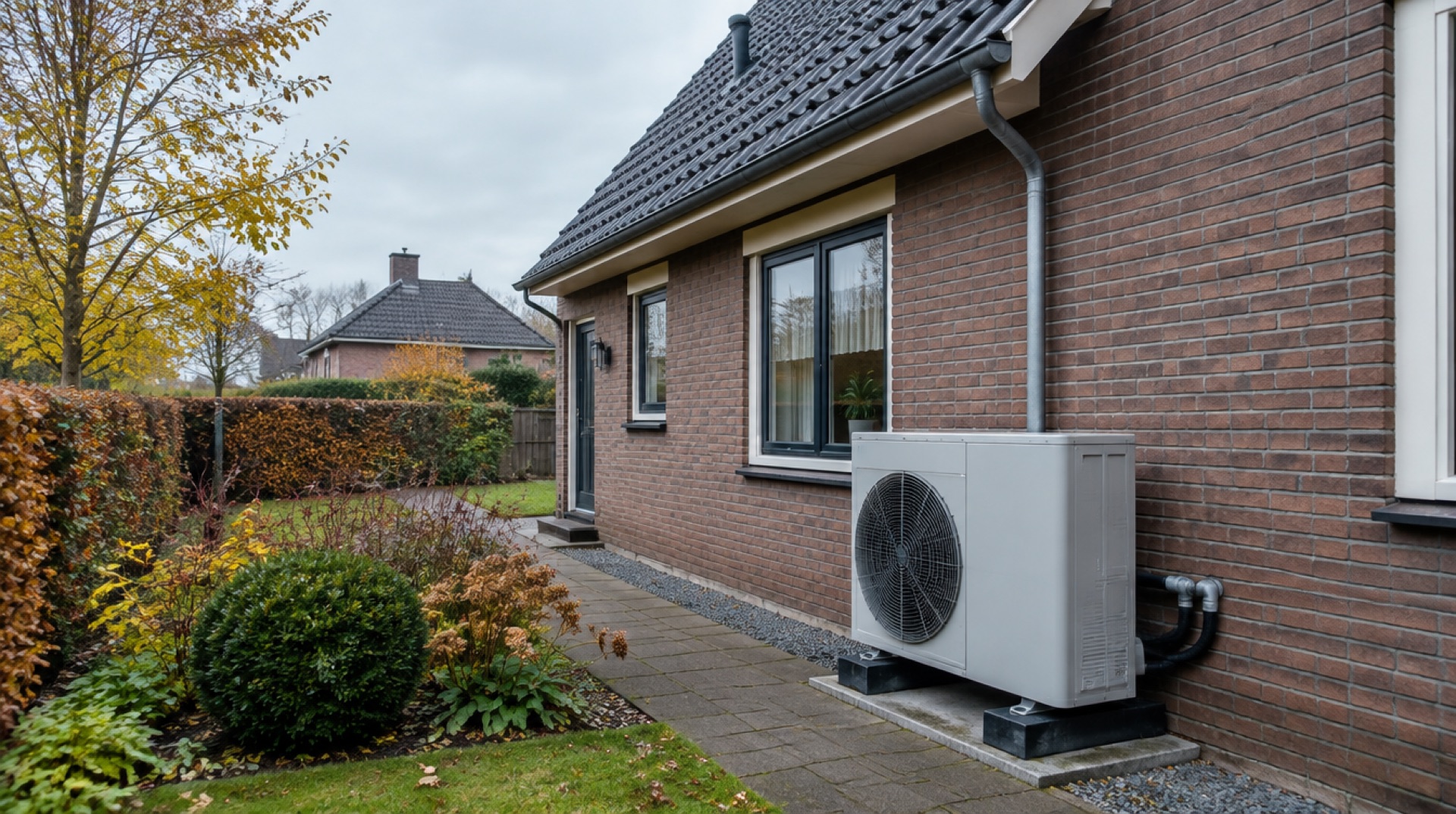 Buitenunit van een warmtepomp tegen de zijgevel van een bakstenen huis zonder zonnepanelen op het dak, op een bewolkte herfstdag