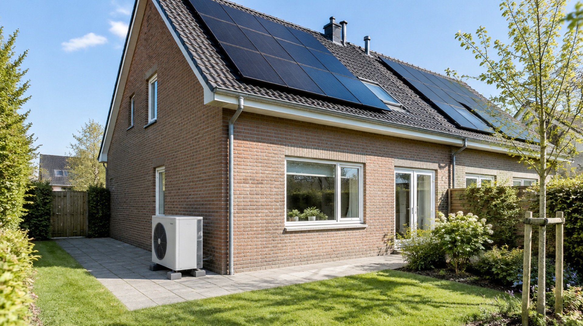 Huis met zonnepanelen op het dak en een warmtepomp naast het huis