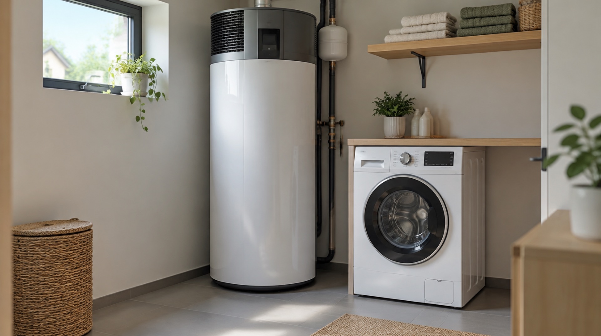 Hoge witte warmtepompboiler naast een wasmachine in een lichte bijkeuken met een houten plank met handdoeken