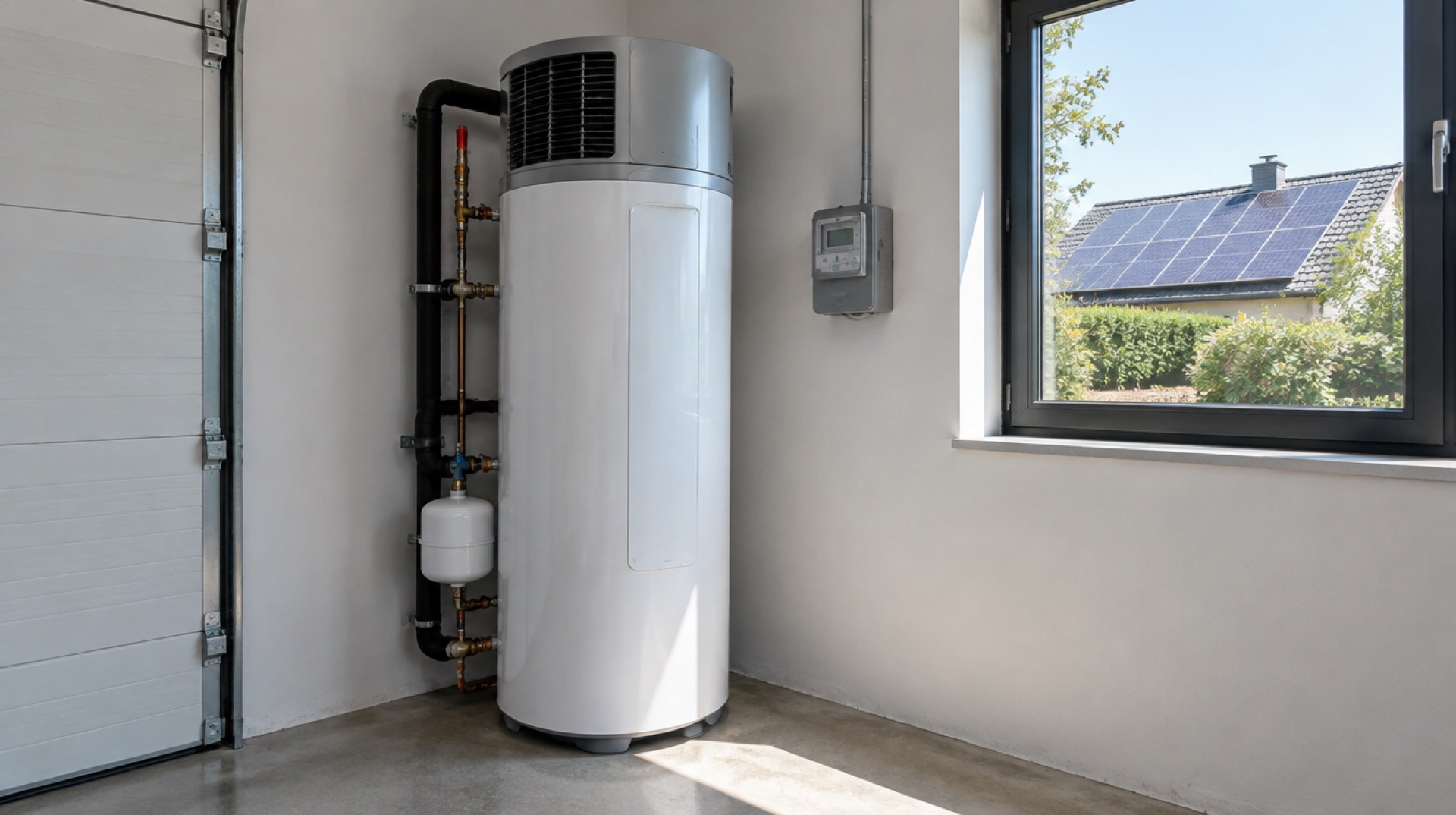 Warmtepompboiler in een garagehoek, door het raam zonnepanelen op een dak in de zon