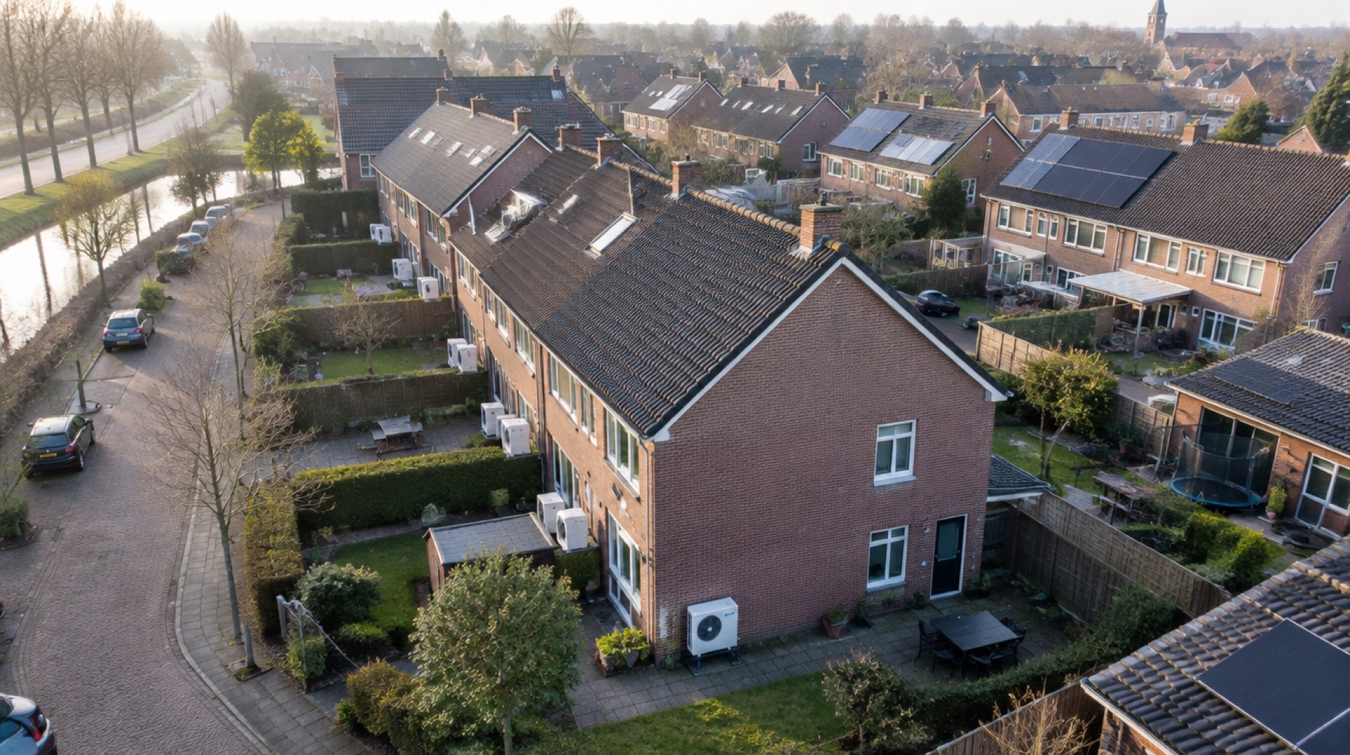 Luchtfoto van een Nederlandse woonwijk met rijtjeshuizen, waarbij langs de achtergevels meerdere witte buitenunits van warmtepompen en op enkele daken zonnepanelen te zien zijn