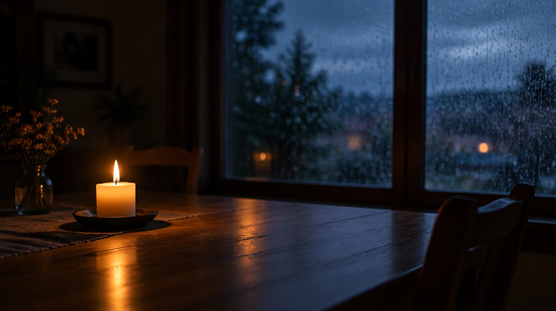 Brandende kaars op een houten eettafel in een schemerige kamer, met regendruppels op het raam erachter