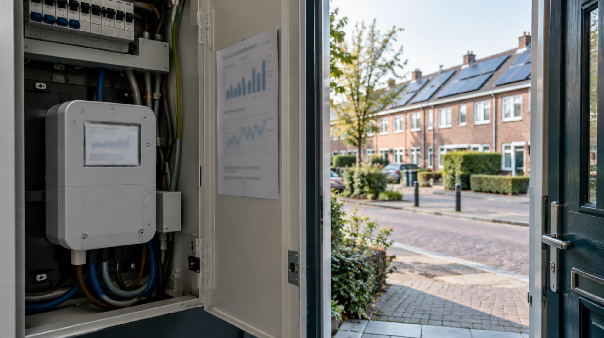 Slimme meter in de meterkast, met buiten een straat met rijtjeshuizen met zonnepanelen