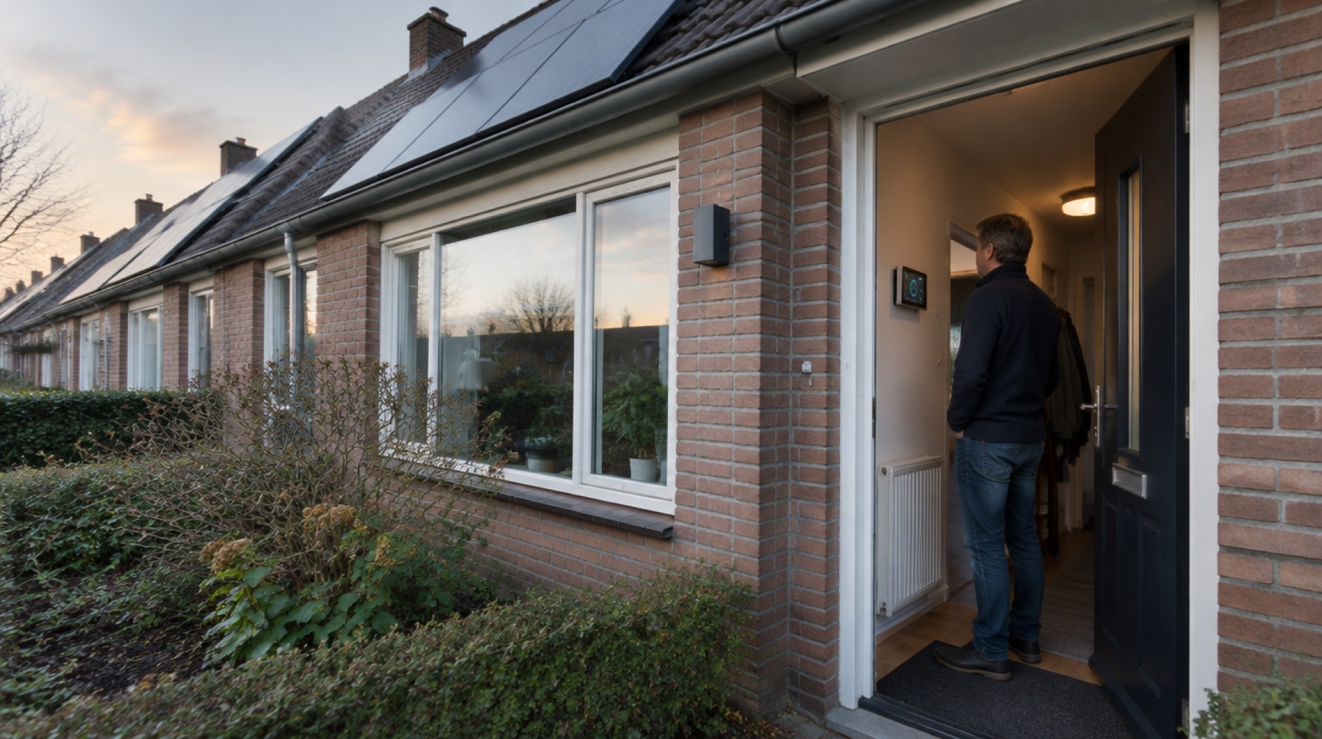 Man staat in de open voordeur van een bakstenen rijtjeshuis met zonnepanelen op het dak en kijkt naar een kastje aan de muur in de gang, bij avondlicht