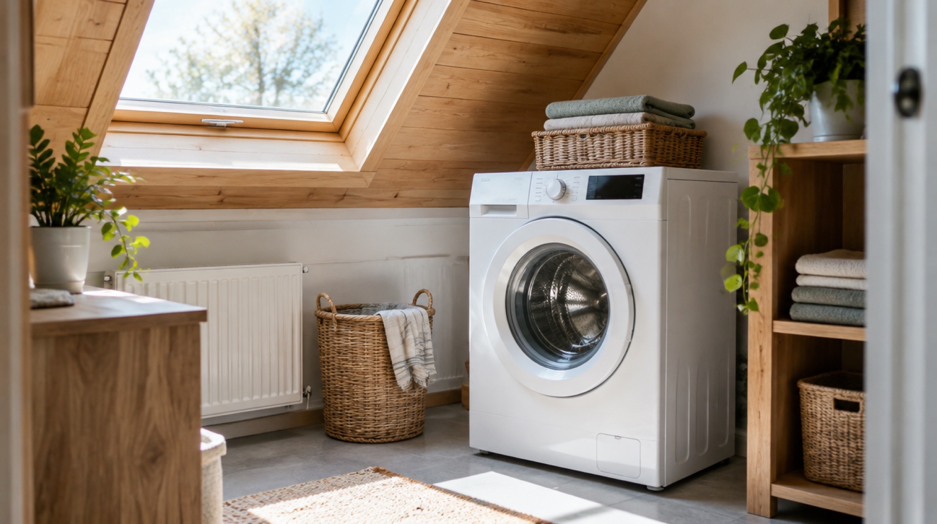 Wasmachine op een zonnige zolder met dakraam, rieten wasmand en gevouwen handdoeken