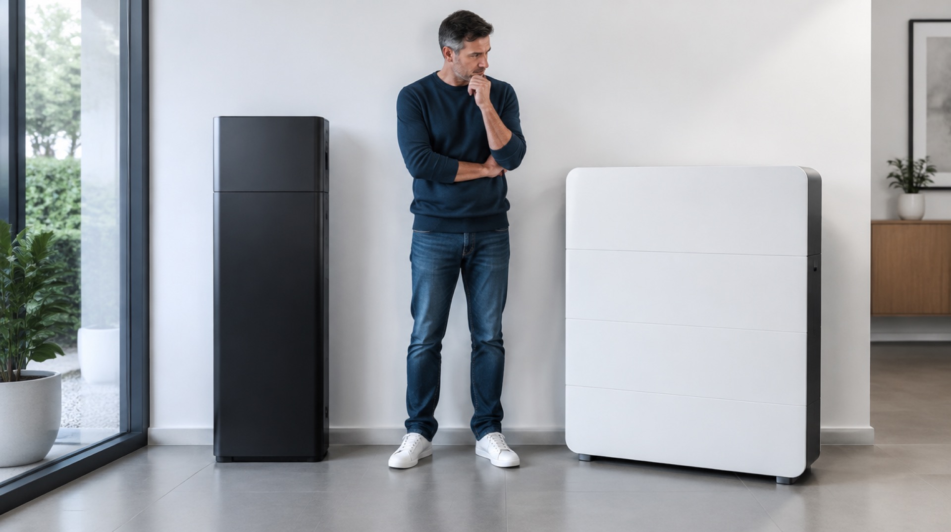 Man vergelijkt in een lichte ruimte twee verschillende batterij-units zonder merken