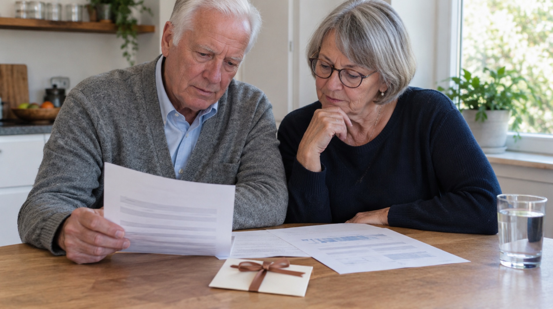 Ouder echtpaar aan een keukentafel bekijkt een energiecontract en jaarafrekening, met een leeg kaartje met strik ervoor