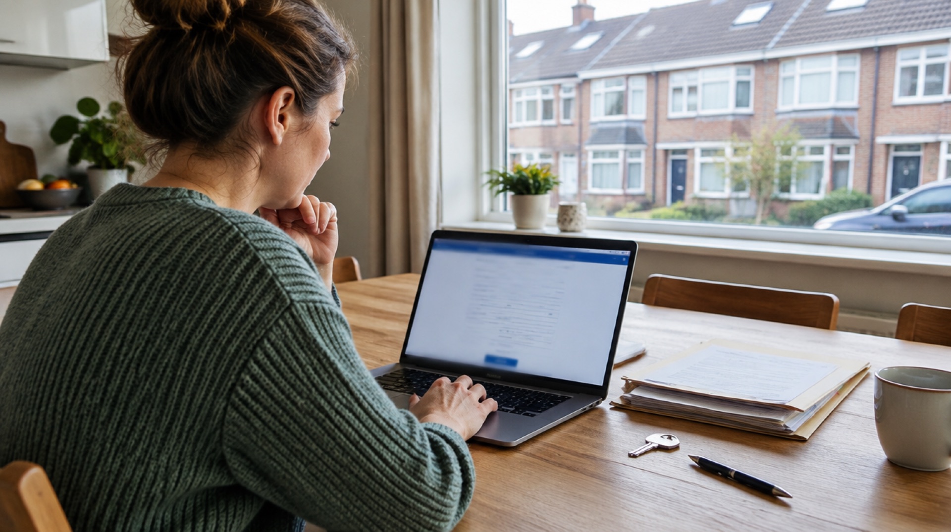 Vrouw vult aan een houten tafel een online formulier in op een laptop, naast een map met documenten, een huissleutel en een pen, met rijtjeshuizen buiten het raam