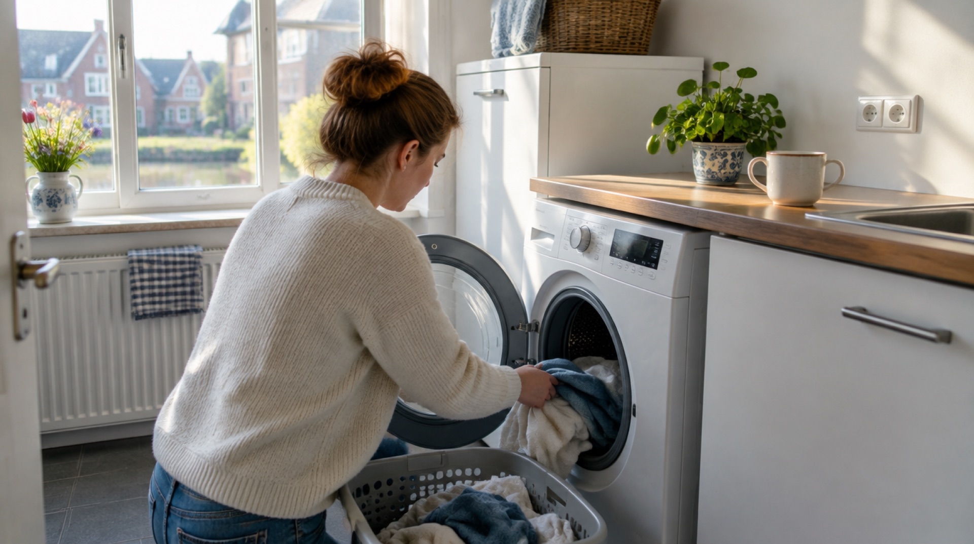 Vrouw laadt was uit een mand in een voorlader-wasmachine in een lichte bijkeuken, met een koffiekop op het aanrecht