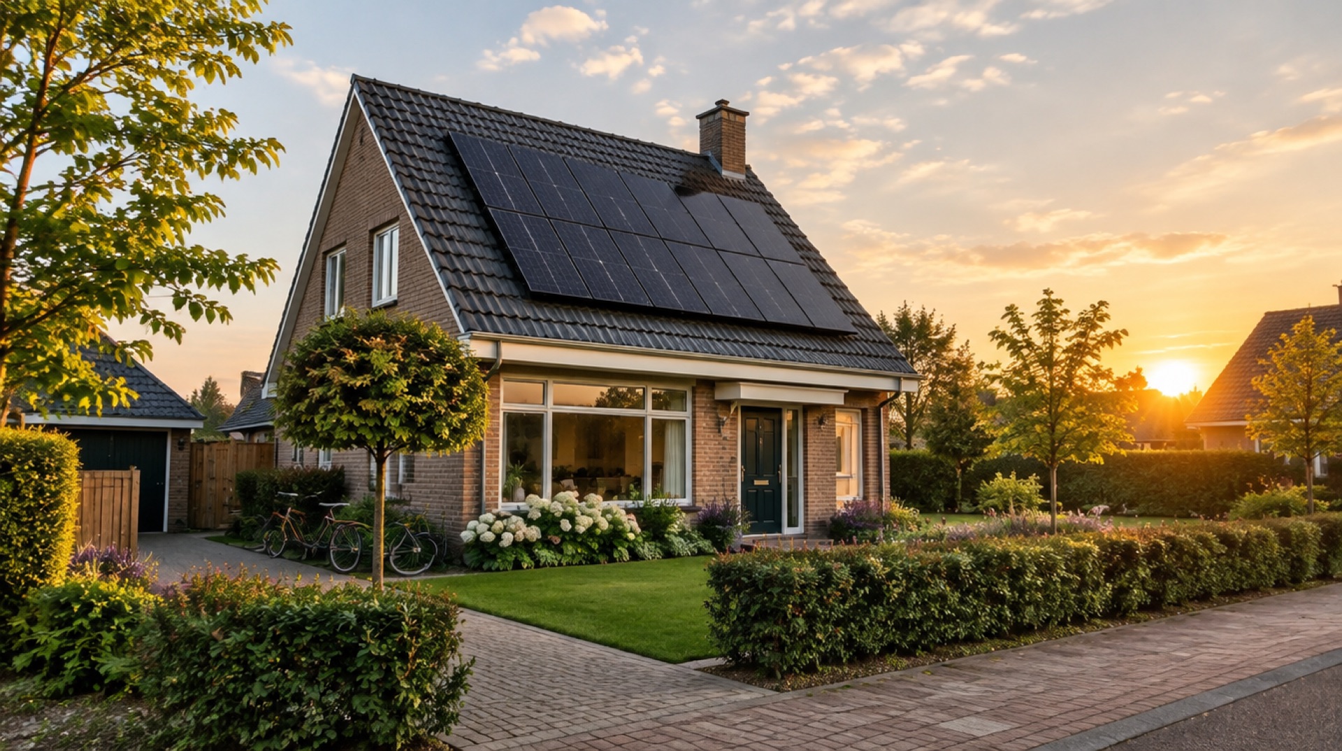 Vrijstaand huis met een rij zwarte zonnepanelen op het zuidelijke dak bij zonsondergang
