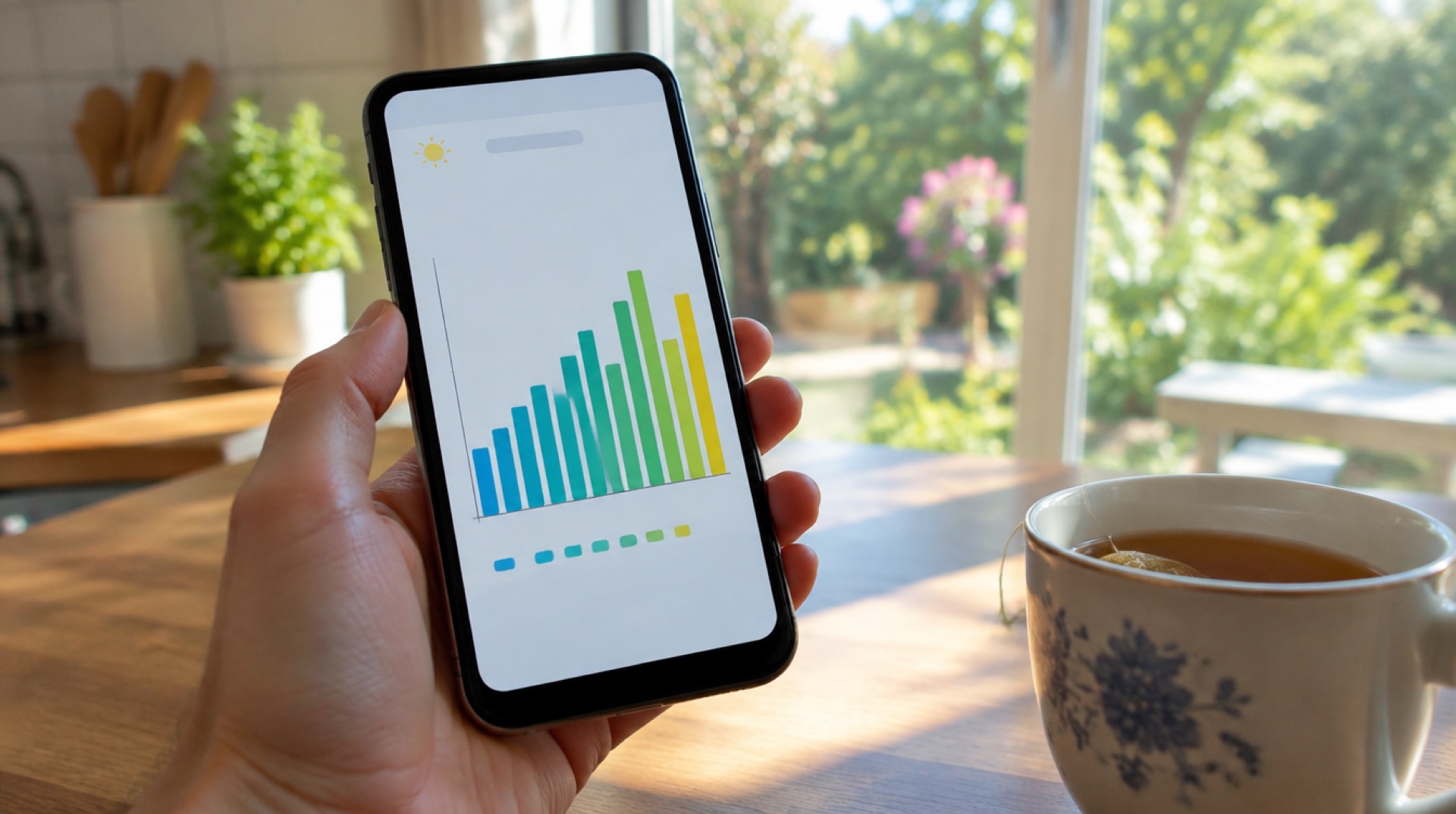 Hand houdt een telefoon met een staafdiagram van de maandopbrengst, naast een kopje thee