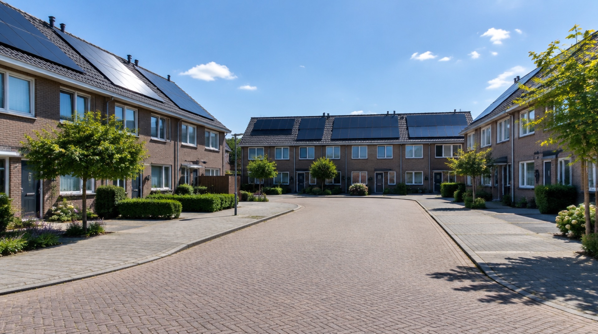 Rustige straat met bakstenen rijtjeshuizen en zonnepanelen op de daken in de zomerzon