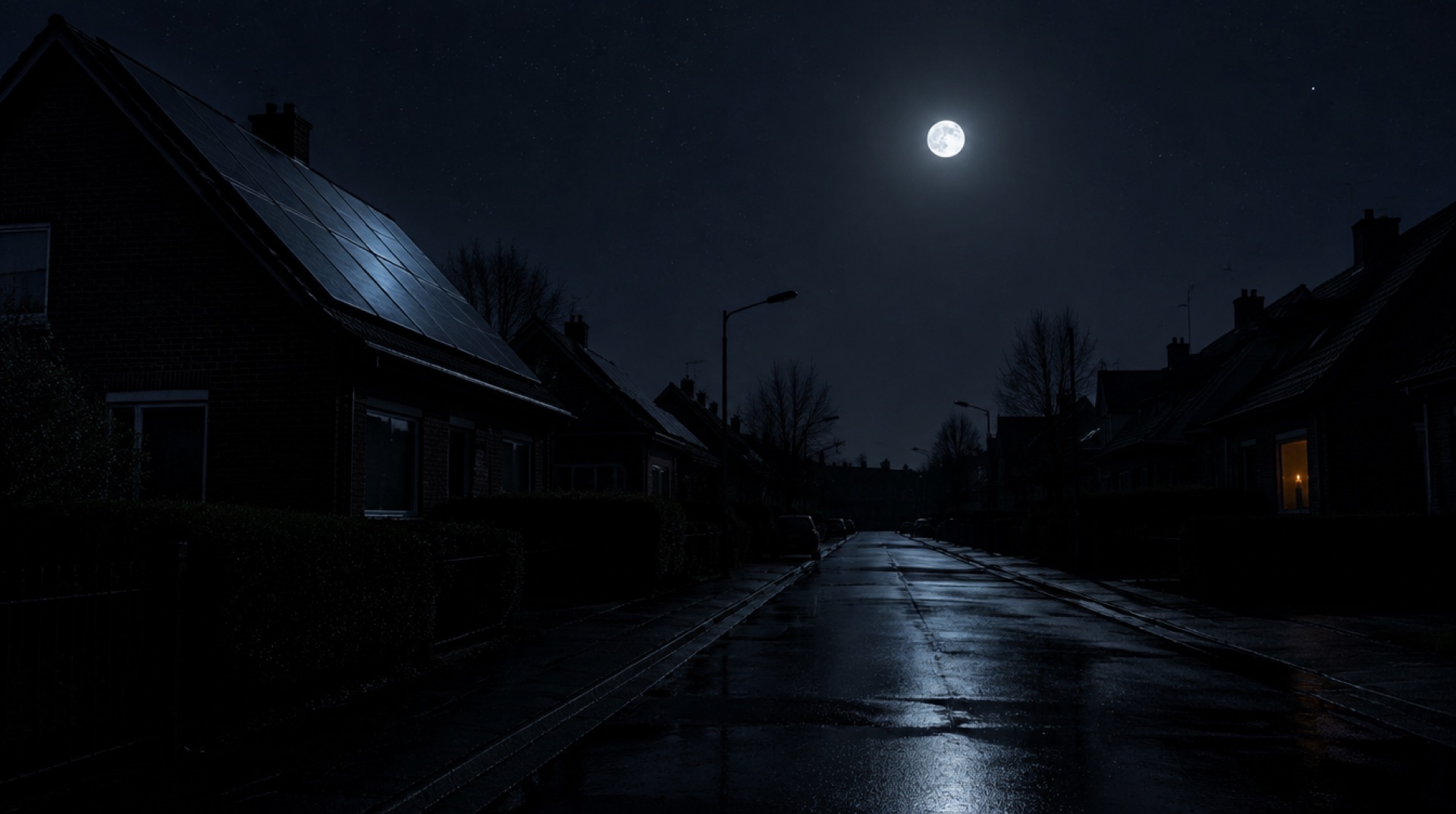 Donkere straat tijdens stroomuitval met zonnepanelen onder een heldere volle maan
